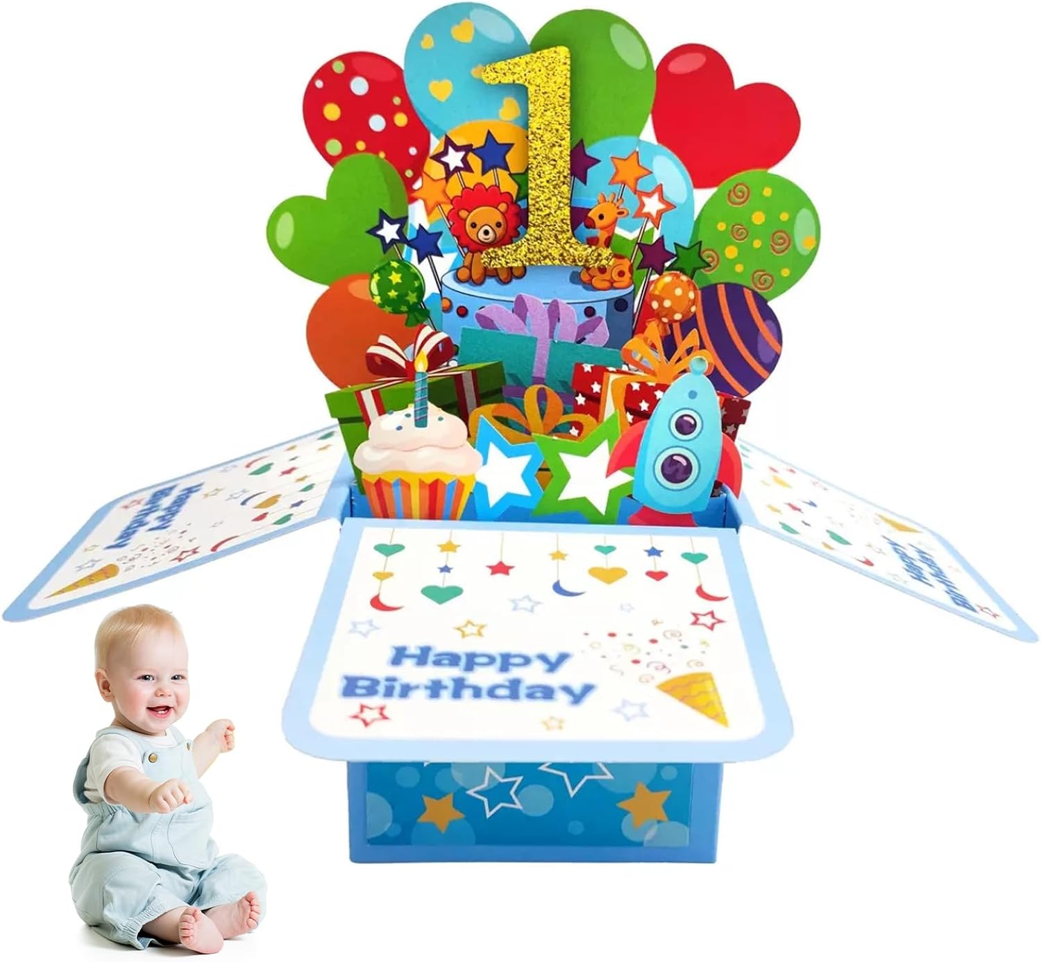 Vyqrx 1st Birthday Card Boy, 3D Pop Up Birthday Card for 1 Year Old ...