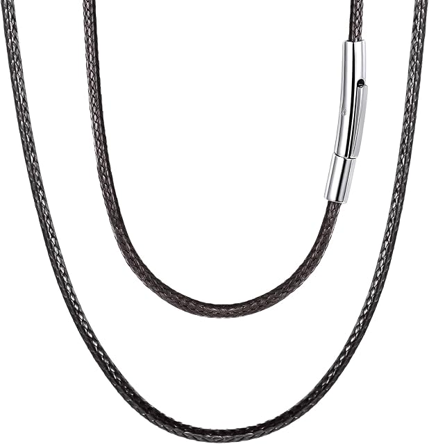 FOCALOOK Mens Leather Necklaces 2/3mm Braided Artificial Leather Cord Chain Necklace with Stainless Steel Clasp, 18", 20", 22",24",26",28",30" Black/Brown Chains