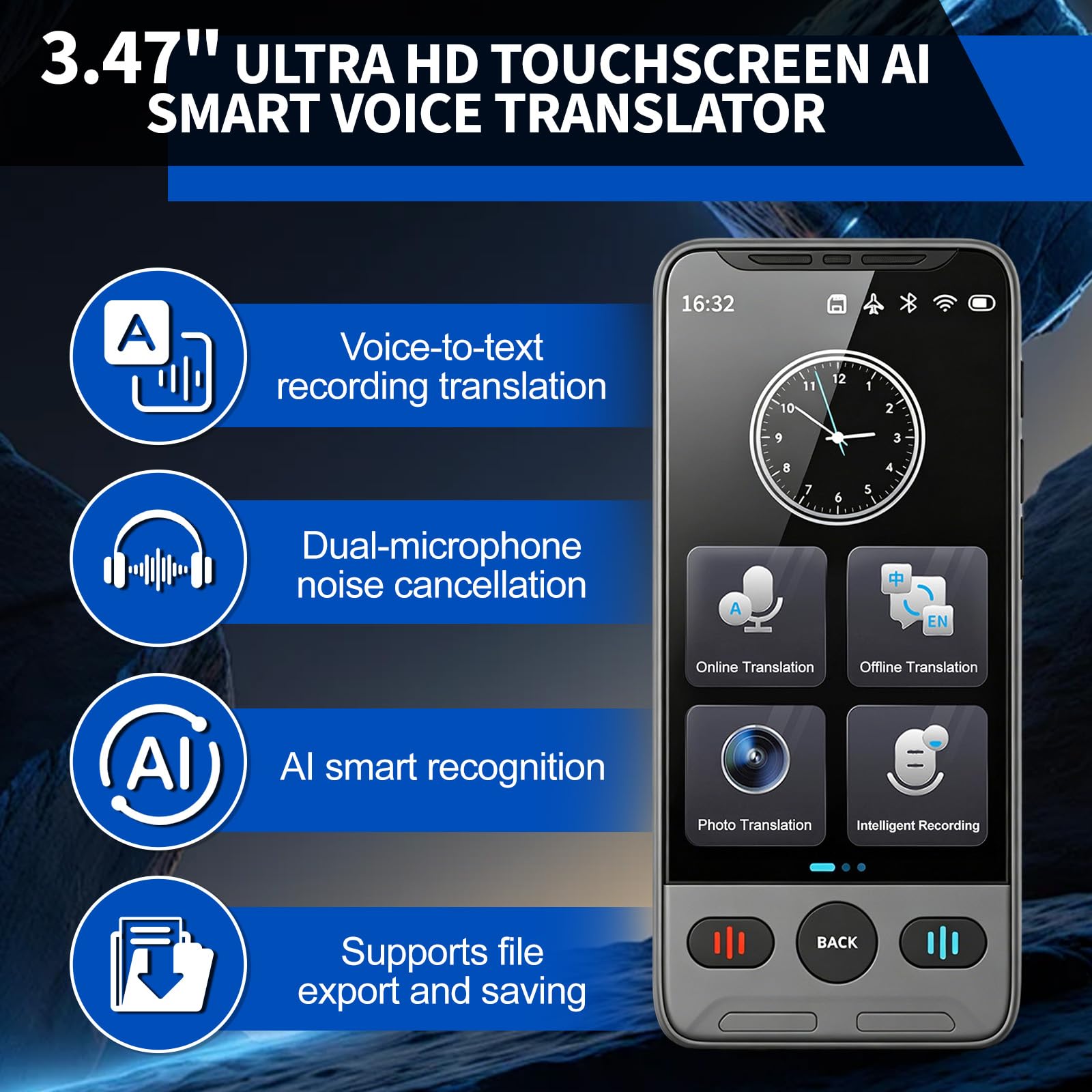 Traduttore vocale con 142 lingue, Bluetooth, Wi-Fi, memoria da 8 GB, touch screen da 3,5", traduzione offline (18 lingue), traduzione fotografica, batteria da 1100 mAh, ideale per i viaggi