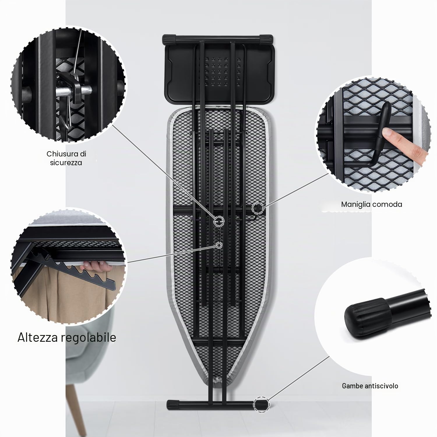 Duwee Asse da Stiro Extra Grande da 43x122 cm con Grande Poggia Ferro a Vapore, Copertura Resistente al Calore in Metallo con Imbottitura a Doppio Strato Spessa, Altezza Regolabile, Gambe Robuste e