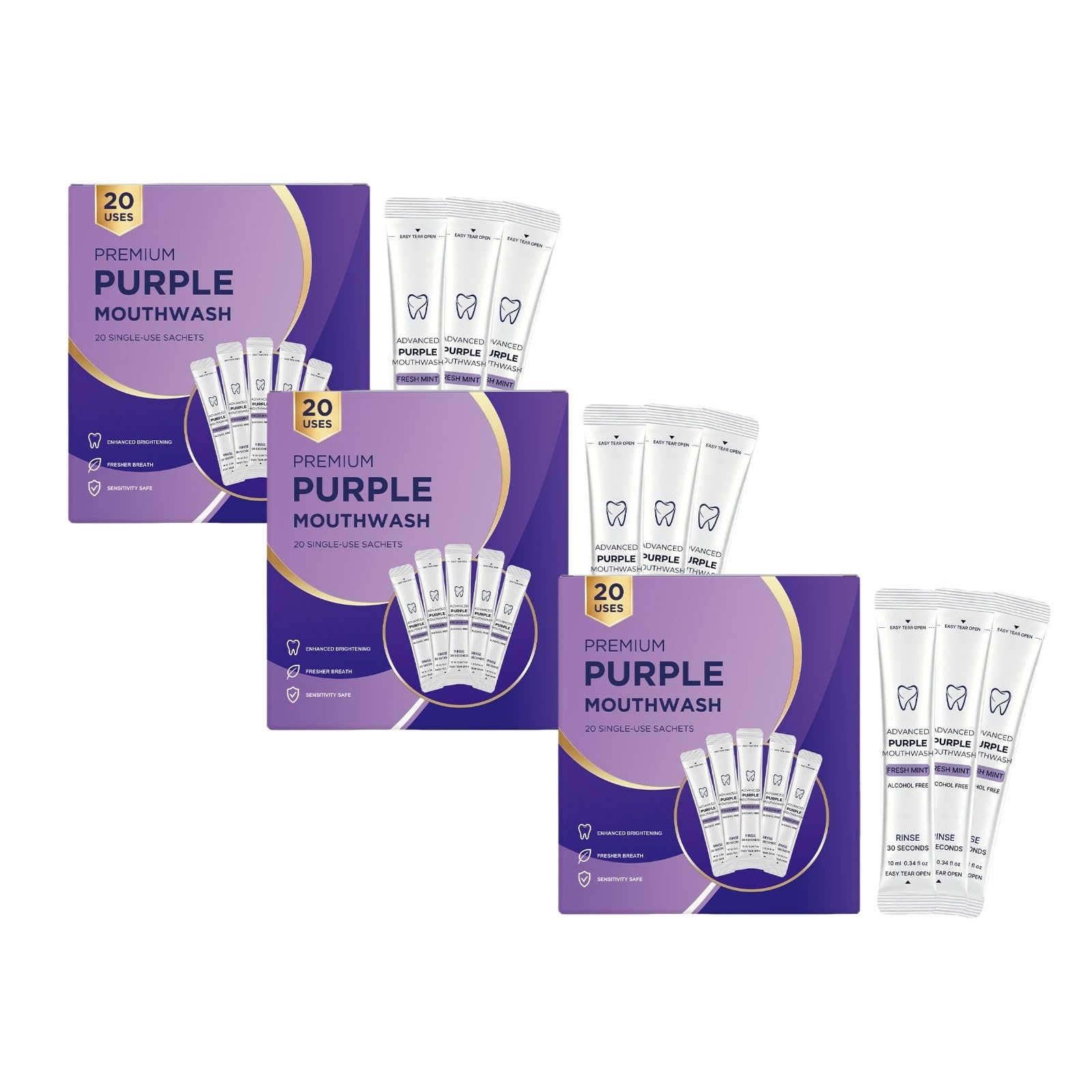 Pojedyncze zastosowanie Purple Mouthwash Sachets, fioletowe pranie, świeże oddech | Alkohol Free Mint Travel Mouth Wash do rozjaśniania zębów, przenośny płukanie ust do codziennego użytku