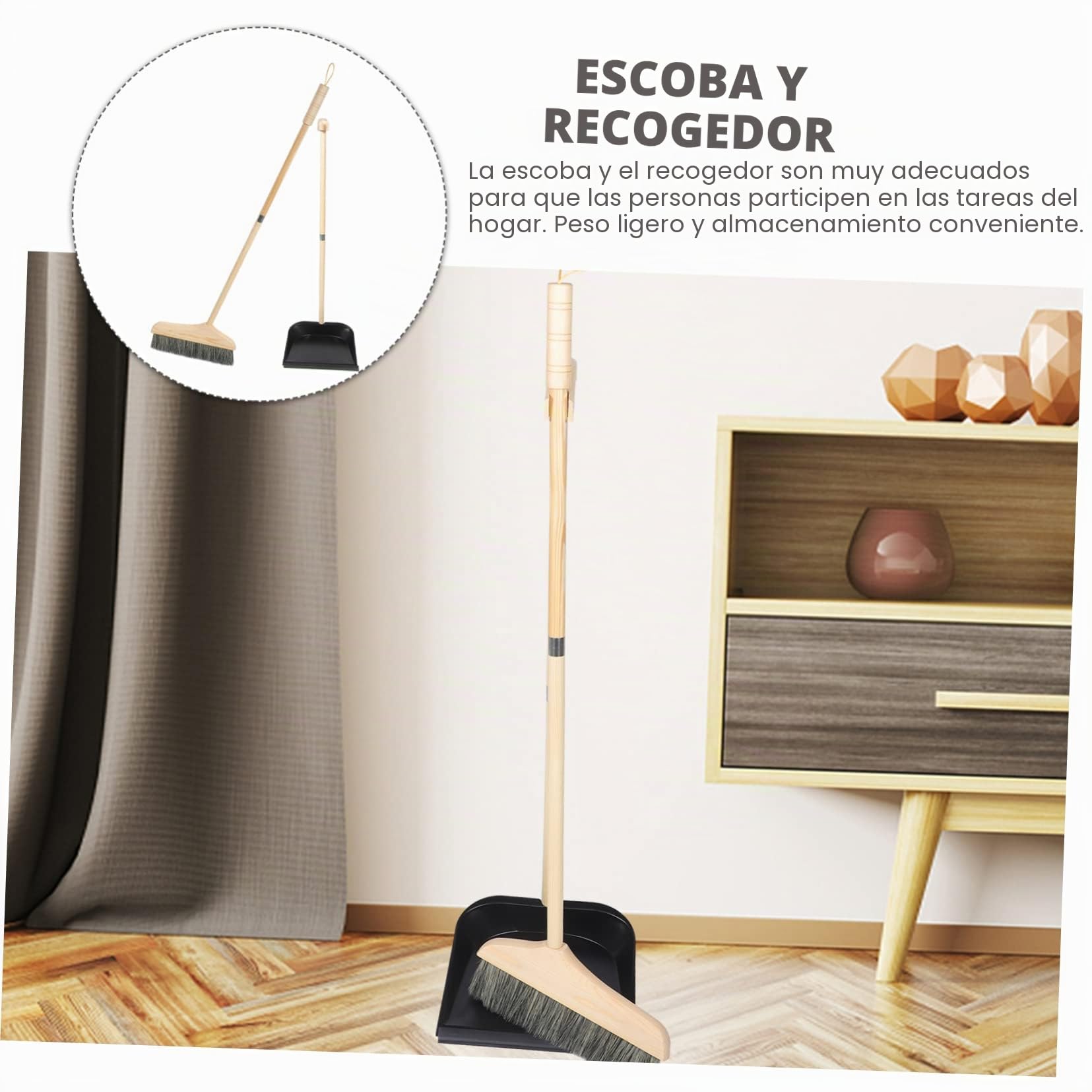 Healeved Juego de Escoba y Recogedor Diseño Ergonómico Resistente al Desgaste Mango Largo de Madera y Acero Inoxidable Adecuado para Centros Comerciales y Vestíbulos