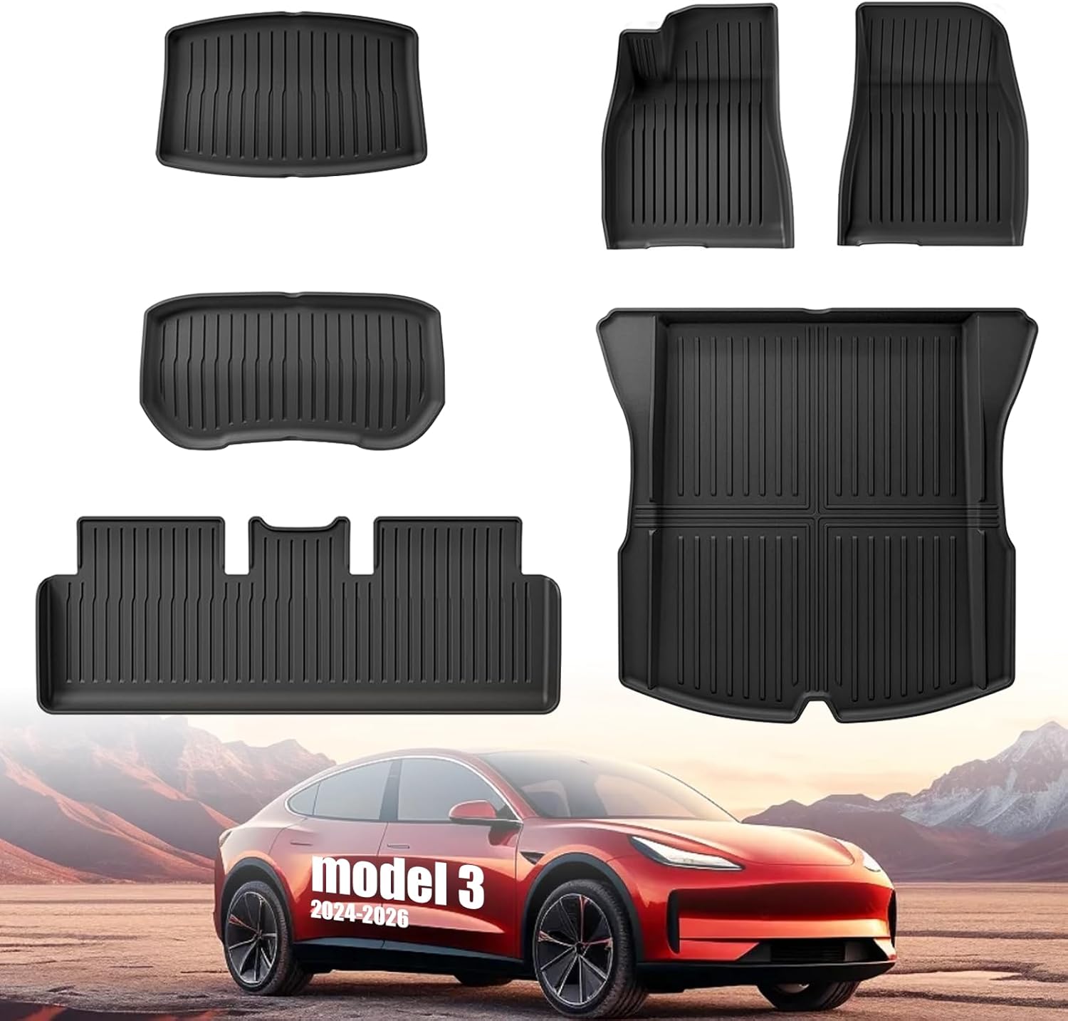Custom Fit Floor Mats for Tesla Model 3 2024 2025 2026 Highland 5-Seater,All Weather TPE Waterproof Odorless Car Mats Full Set Interior Accessories (6PCS)