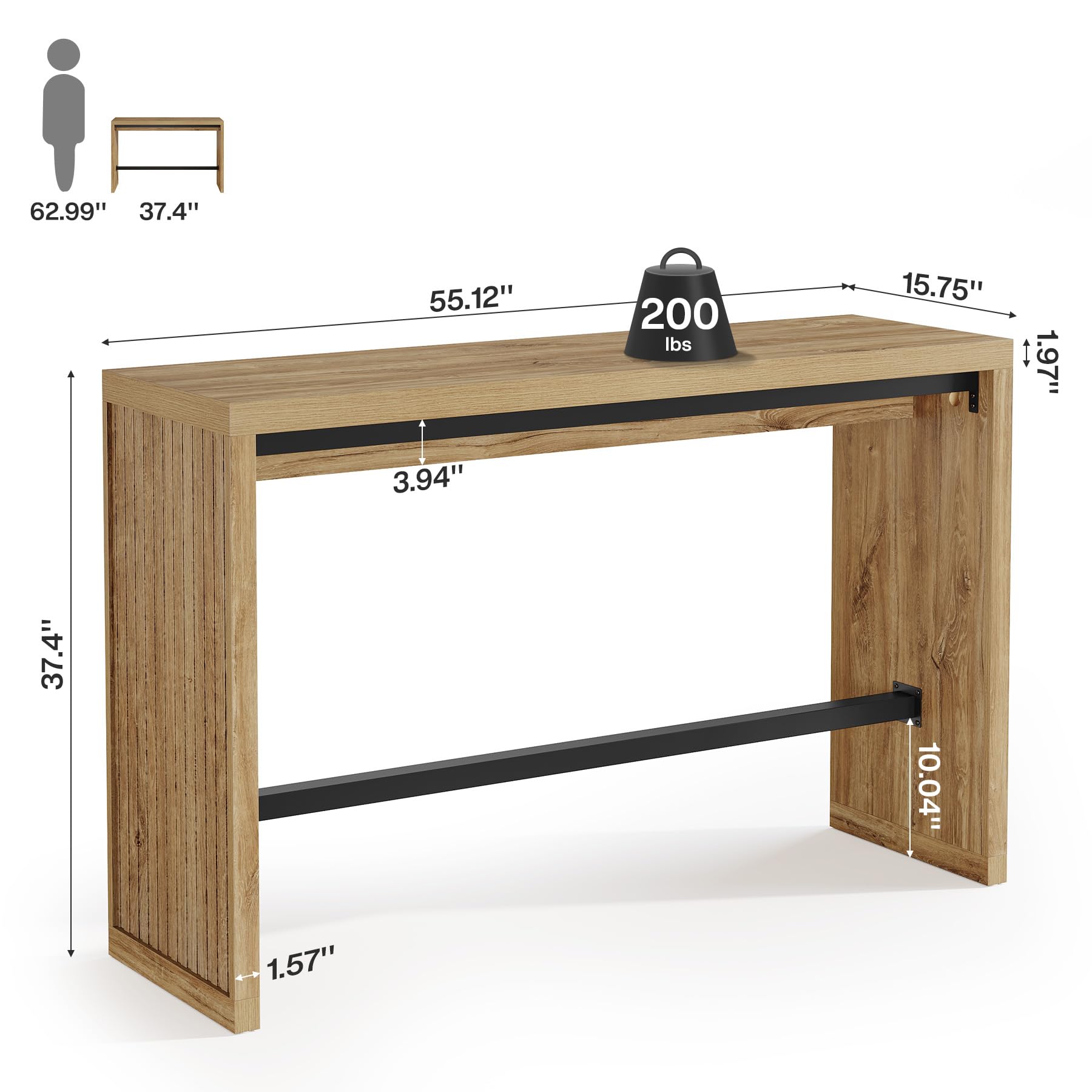 Tribesigns Bartisch, 140 cm Thekenhöhe, Kneipentisch mit Metall-Fußstütze, Rechteckig, Hohe Theke, Esszimmermöbel für Zuhause, Bar, Küche, Esszimmer, Bistro, Wohnzimmer, Rustikales Braun