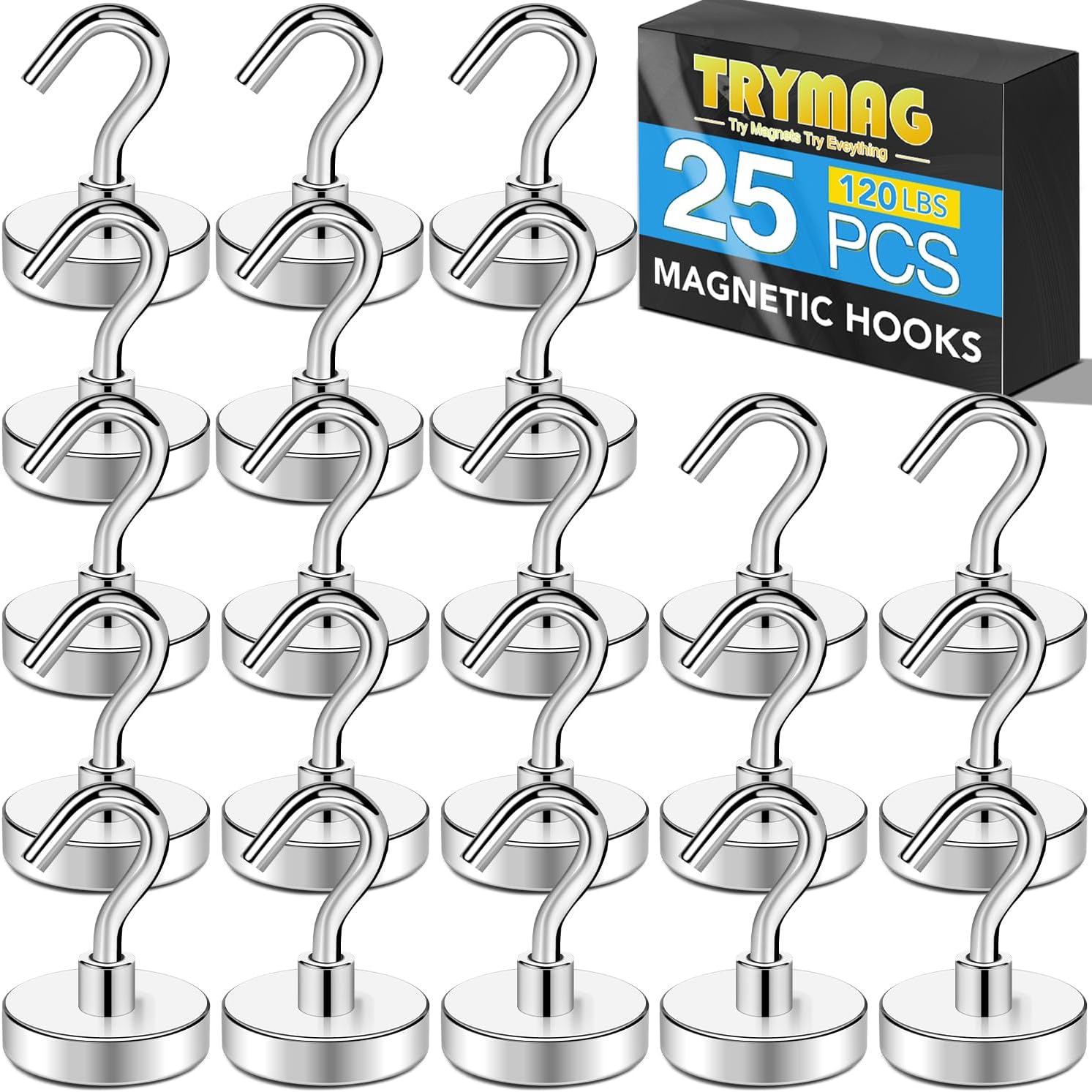 TRYMAG 25Pcs Strong Magnet with Hook for Fridge, 120Lbs+ Small Magnetic Hooks for Cruise Cabins, Extra Strong Cruise Hook for Hanging, Refrigerator, Office, Grill, Silver