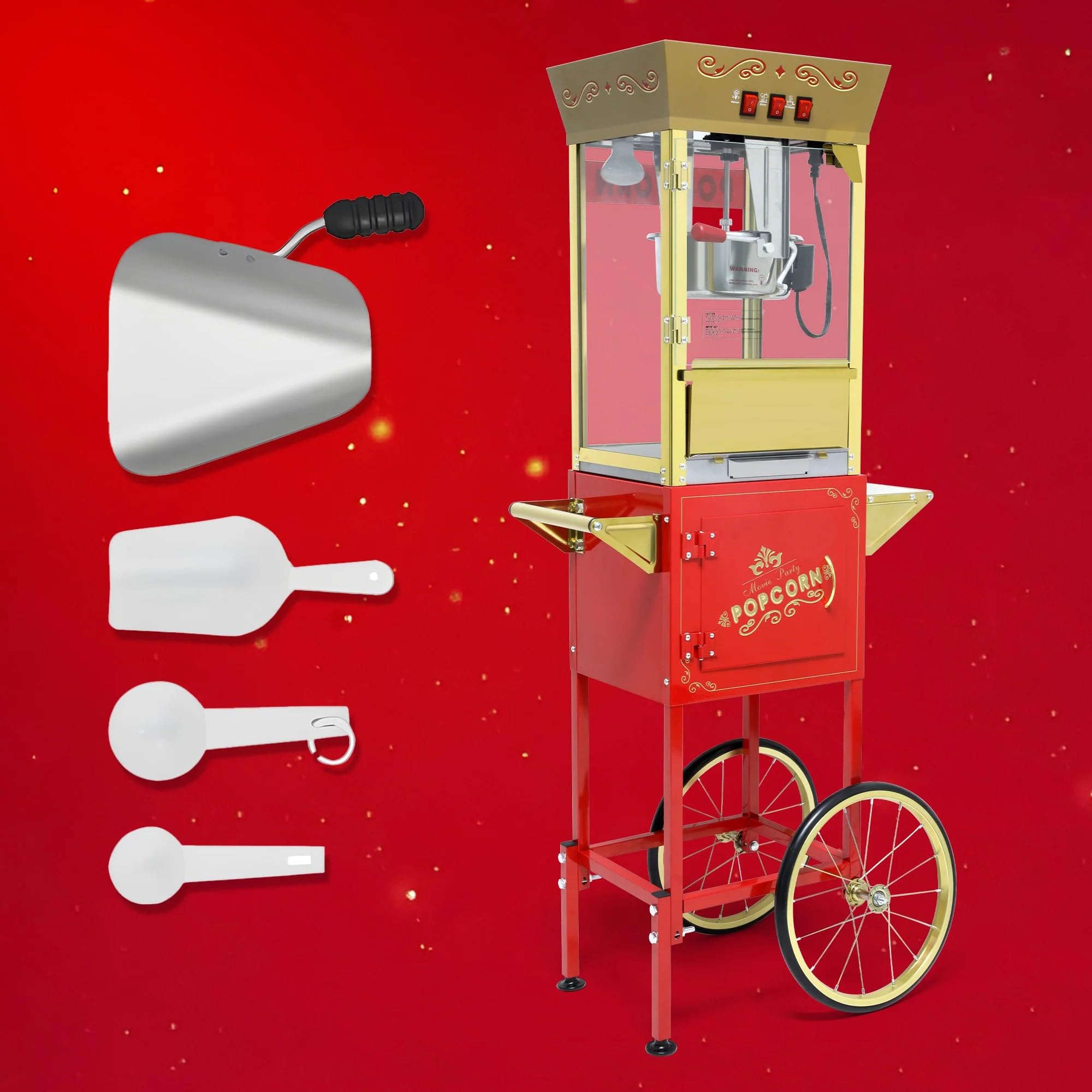 Vintage Popcorn Machine Cart with Wheels, 12oz Popcorn Popper with Stainless Steel Kettle, Movie Theater Style Popcorn Maker for Home and Commercial Use (Red)