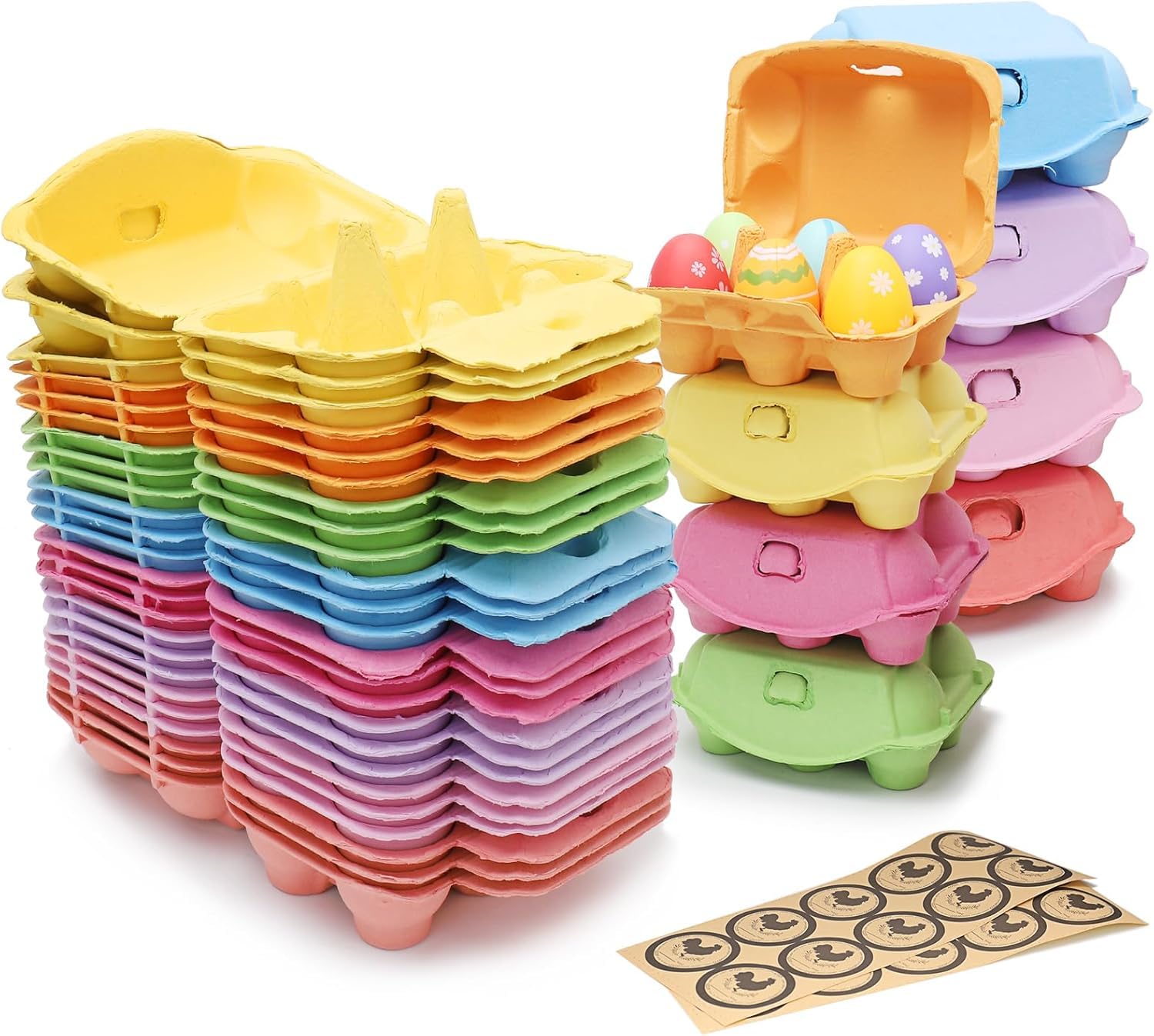 HENGI 24 Cajas de Cartón Coloridas para Huevos - 6 Huevos Cada Una, Con Pegatinas Sin Impresión, Reutilizables, Resistentes y Duraderas - para Manualidades
