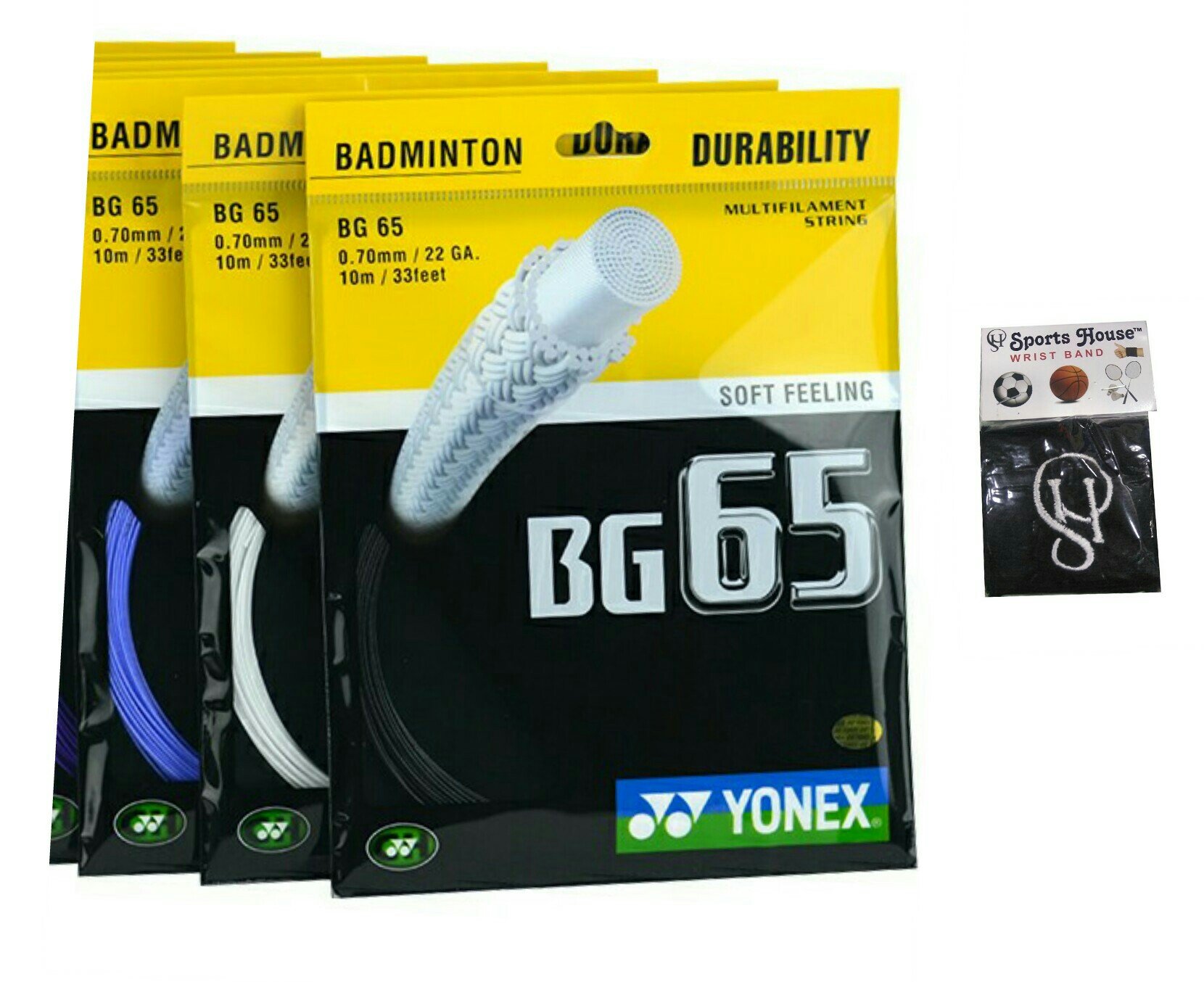 Yonex BG 65 Badminton Strings, 0.70mm (Pack of 3) - (Available in 3 Different Color) with SportsHouse Cotton Wrist Band