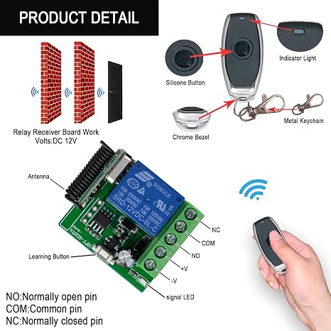 433mhz Remote, Garage Door Controller Wireless 433mhz RF Relay Module 12V 1ch Remote Control Switch Receiver with 2 Transmitter Smart Home Remote Light Switch