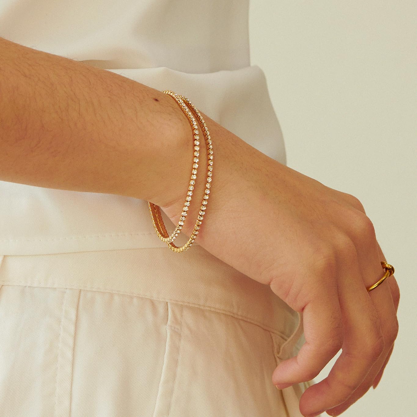 14K Gold Plated 5A Cubic Zirconia Tennis Bracelet 2MM Layered Two Chain Bracelet for Women CZ Diamond Classic Elegnat Fashion Jewelry Wedding Gifts [TBR-22] - Image 5