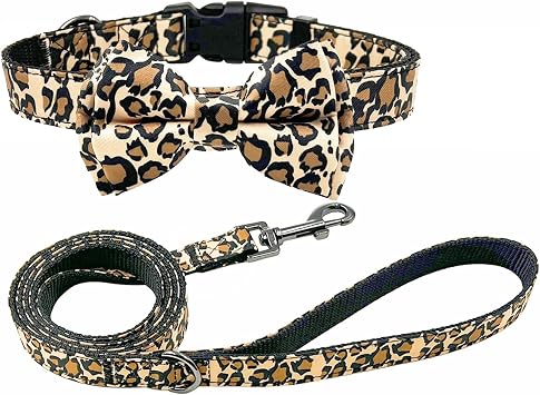 Bowtie Dog Collar and Leash Set, Nylon Webbing with Leopard Ribbon, 5ft Matching Leash, for Large Dogs.L, Leopard
