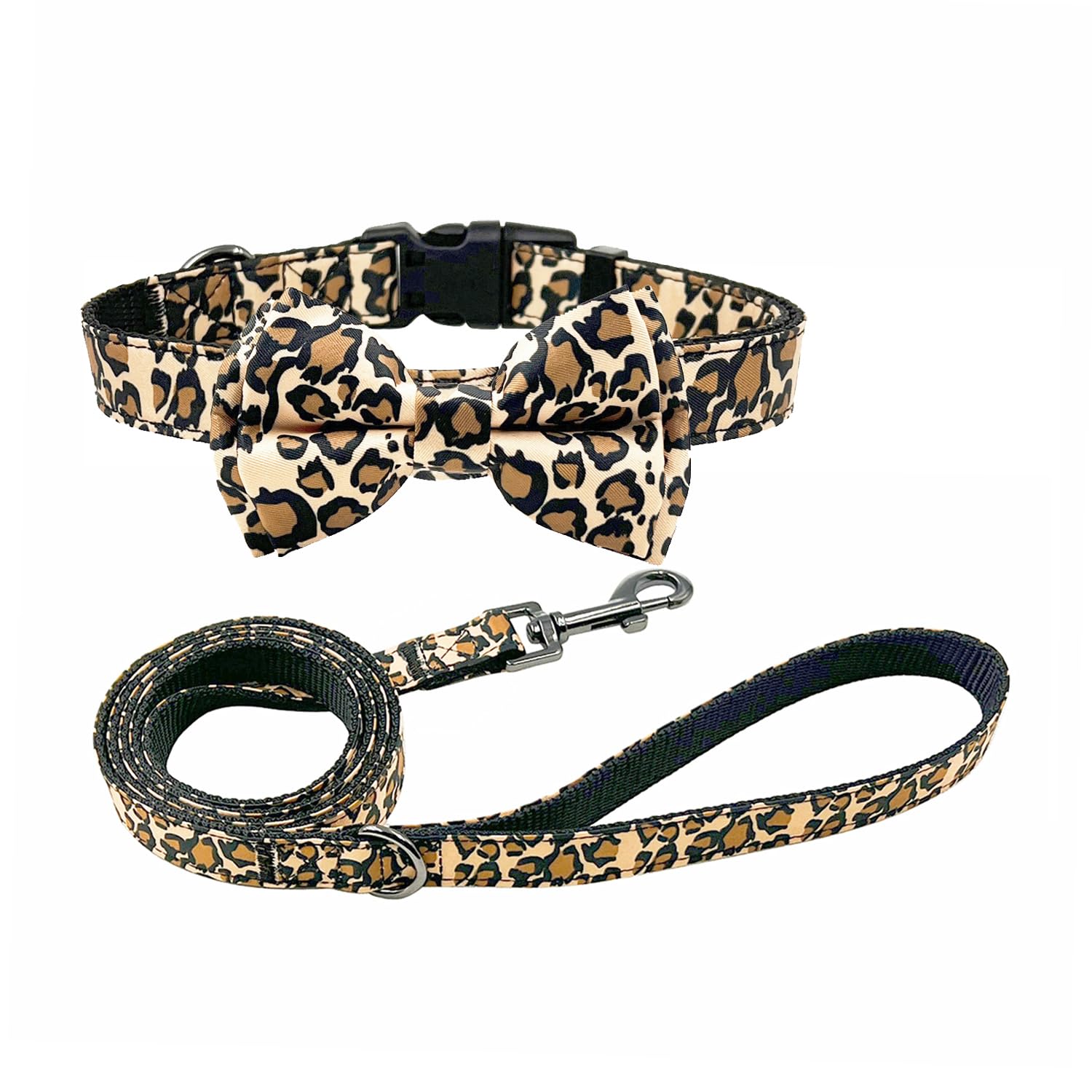 Olahibi Dog Bowtie Collar and Leash Combo Set, Brown Leopard Pattern, Nylon Webbing Plus Cotton Ribbon, 150CM Leash