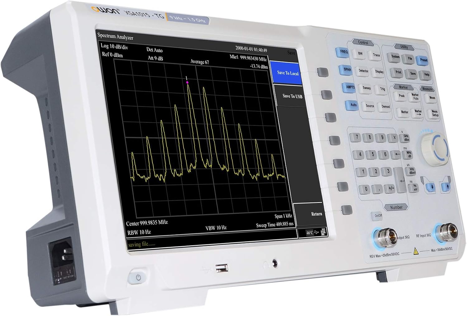OWON XSA1015-TG Spectrum Analyzer display showing a signal trace and measurement settings