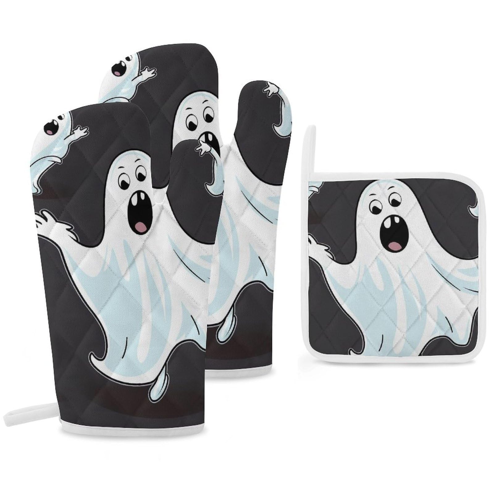 Oven Mitts And Pot Holders Sets of 3 Heat Resistant BBQ Gloves Funny White Ghost Oven Mitts Gloves Non-Slip Kitchen Mittens Potholders for Cooking Baking Grilling BBQ Microwave