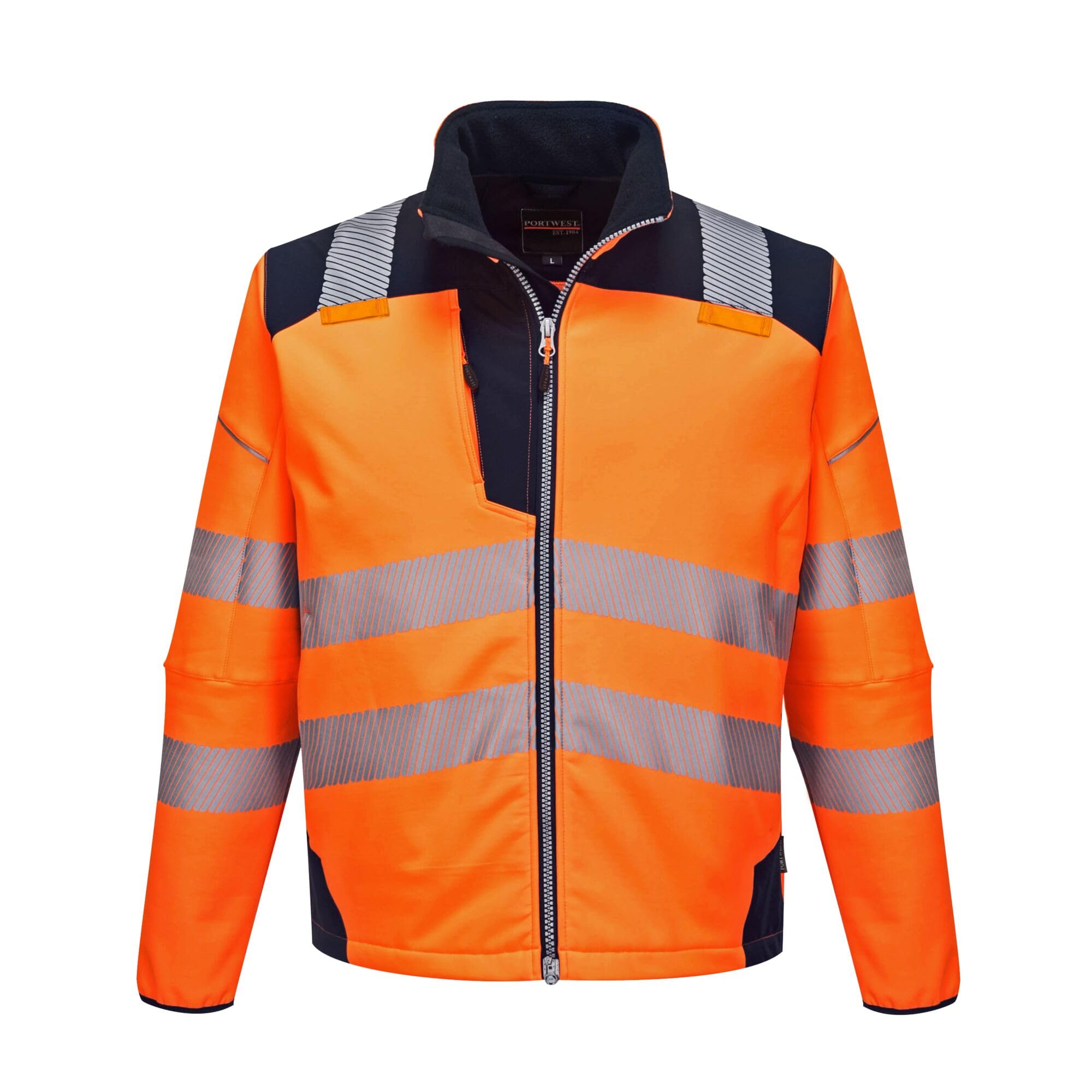 Portwest T402 Men's PW3 Hi Vis Safety Jacket - Windproof Water Resistant High Visibility Reflective Softshell Jacket Orange/Navy, 3X-Large