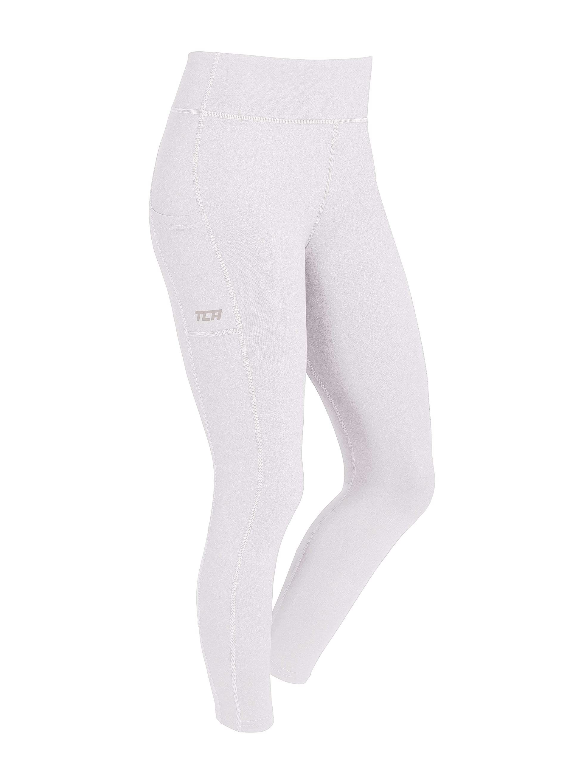 TCA Girls' SuperThermal Performance High Waisted Training Sports Running Tights Leggings with Phone Pocket - Cloud White, 10-12 Years