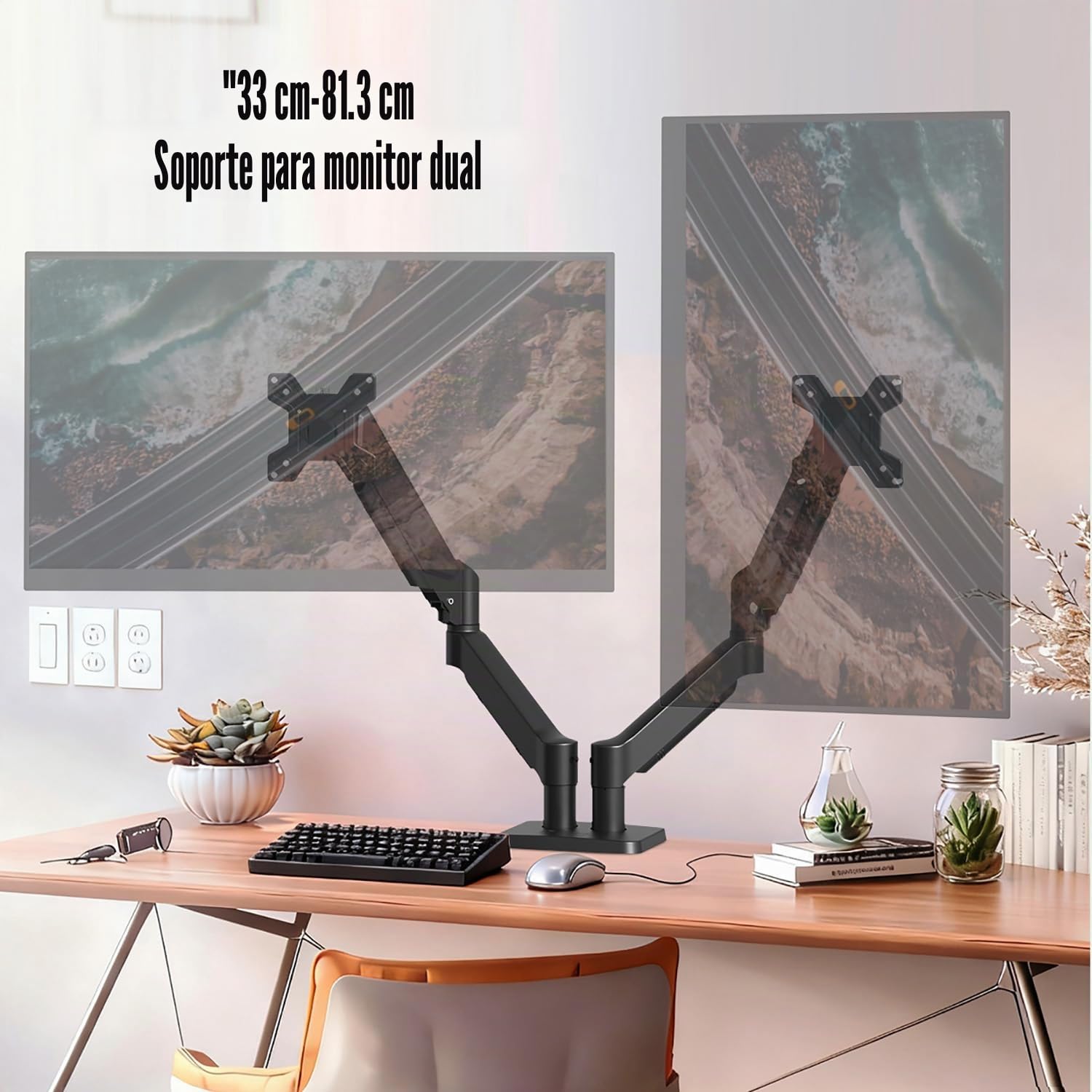 Brazo Monitor Doble，Adecuado para Monitores Led/LCD De 13 a 32 Pulgadas, Cada Brazo Soporta Un Máximo De 10 Kg, Puede Girar 360° y Voltearse 180°, Altura Ajustable, Vesa 75/100 Mm, Color Negro