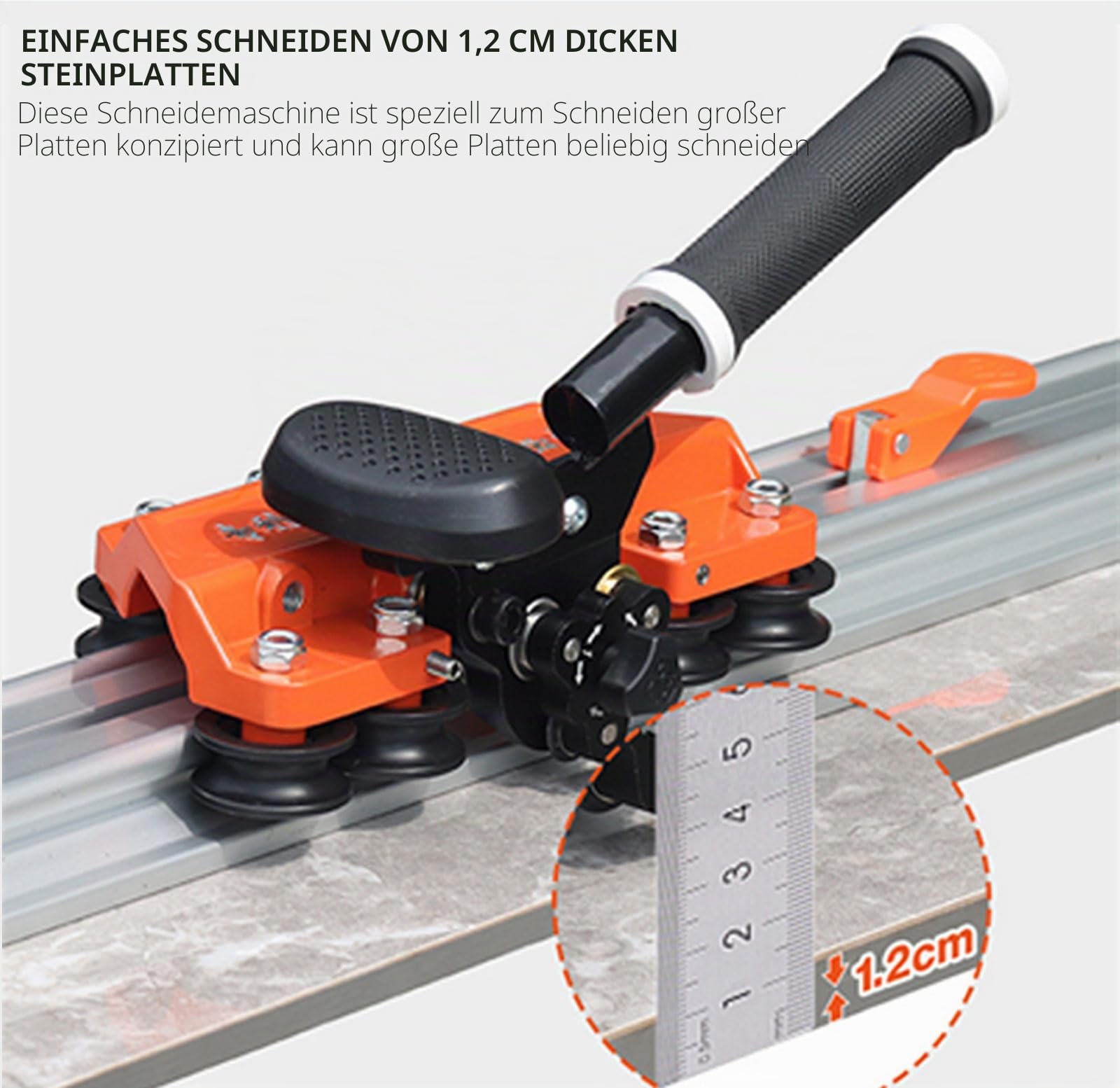 2,0 m Manueller Großformat-Fliesenschneider mit 3 Klingen, max. 12 mm | 2x1 m Schienen und Positionsklammer. Saugnäpfe für glatte Oberflächen, schraubverstellbare Griffspannung