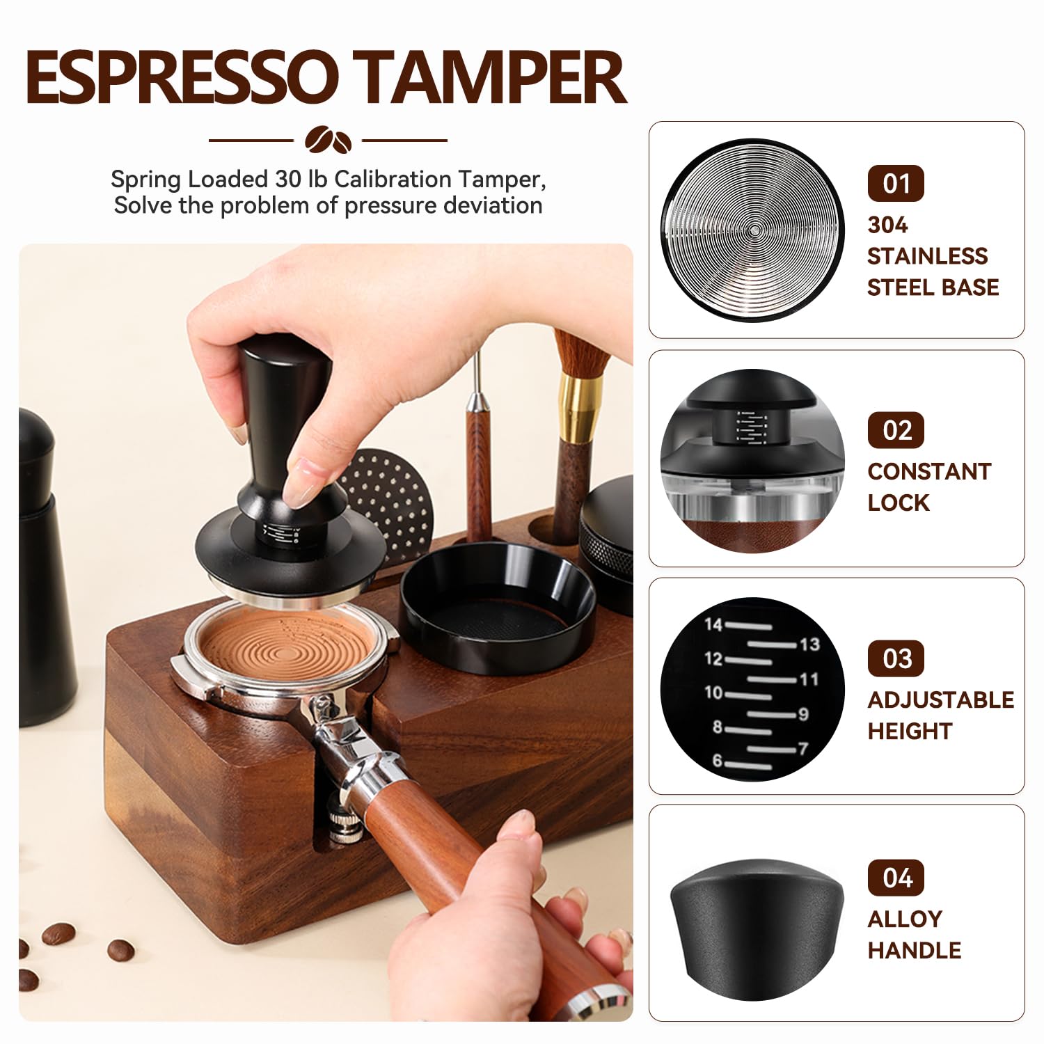 Juego de prensos, con estación de prensado, universal, para barista, cafetera, barista, accesorios, juego de prensador, soporte para tamping, tamper, cafe, nivelador, WDT, herramienta de 54 mm