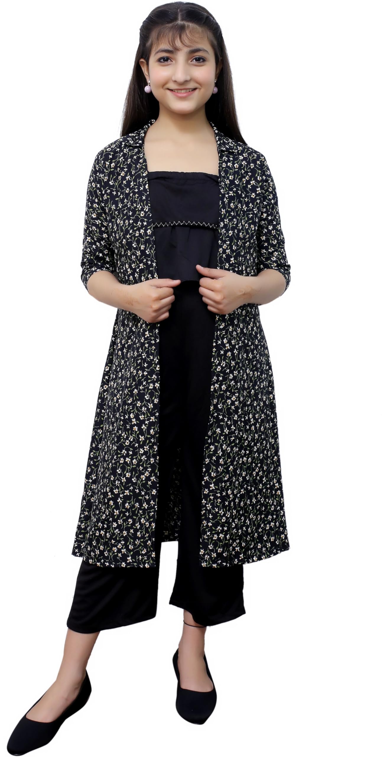 LIME 'N' LEMON Cotton Blend Regular Fit Round Neck Girls Casual Jumpsuit Shrug (Black) 13-14 Years