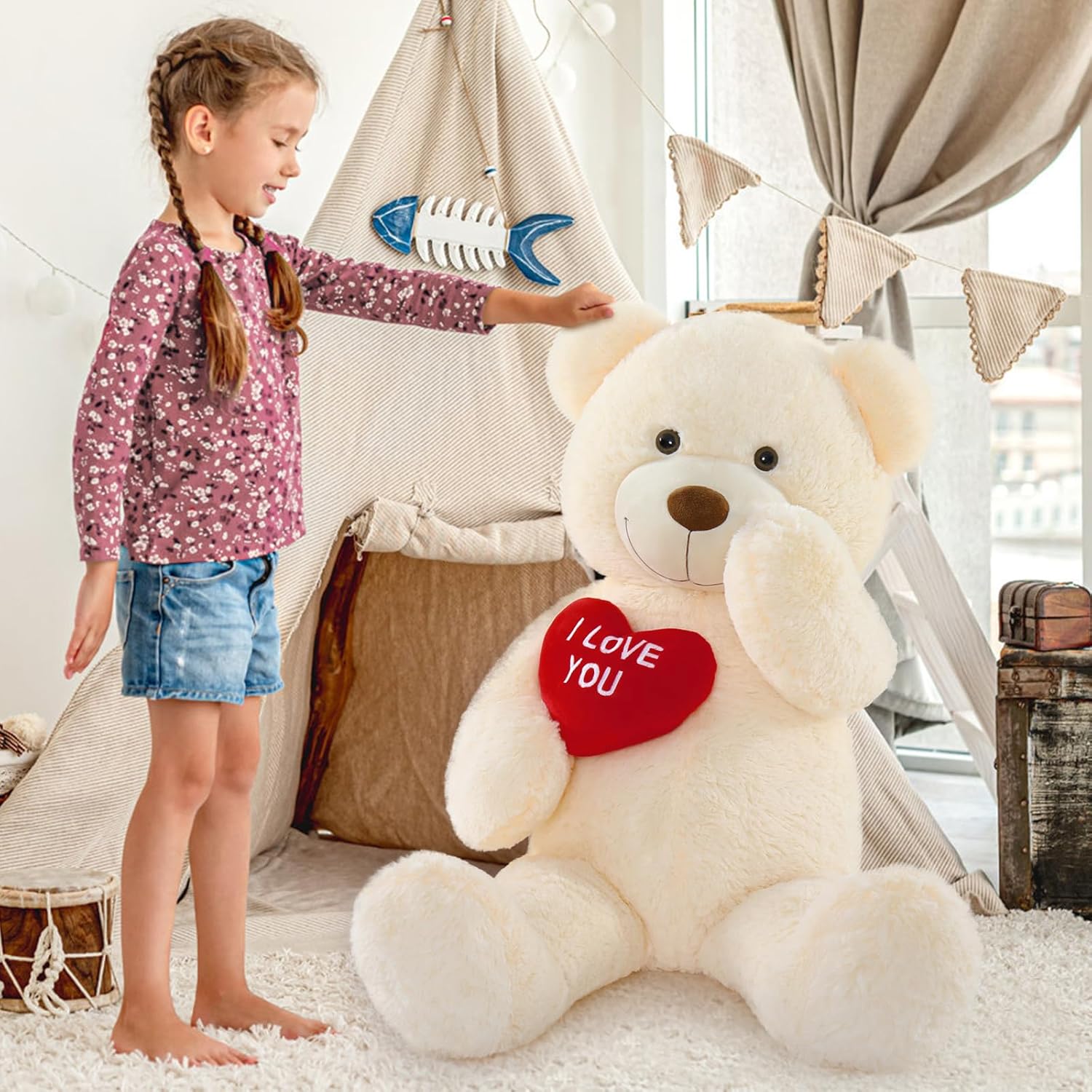 MaoGoLan Big Teddy Bear Stuffed Animal, Soft and Cuddly Giant White Teddy Bear Plush with I Love You Red Heart,Valentines Gift for Kids,Girlfriend,Boyfriend,Lover,36 inches