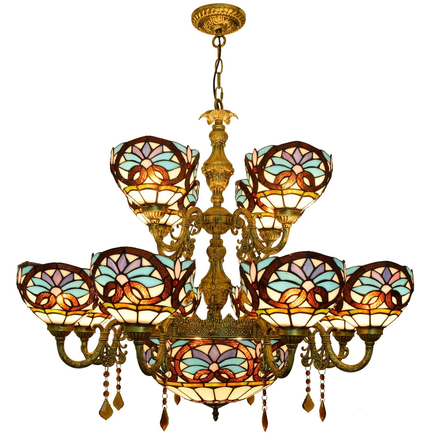 FYZDLAOR 12+1-Light Chandelier,with Baroque Vintage Lampshade Pendant Light Light Fixtures,Tiffanystyle Stained Glass Hanging Light Wide 36 Inch with Crystal Pendant