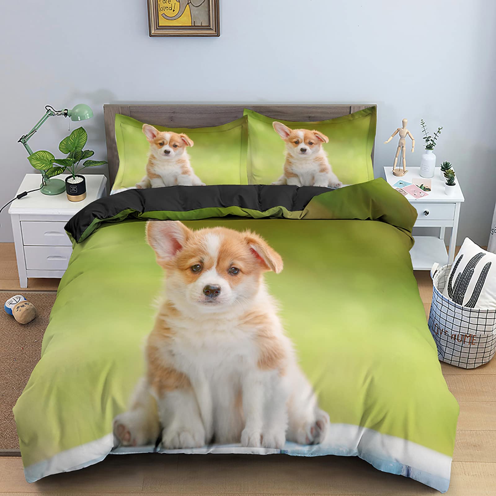 Parure de lit 90x190 enfant chien en microfibre vert clair avec housse de couette et taie d'oreiller