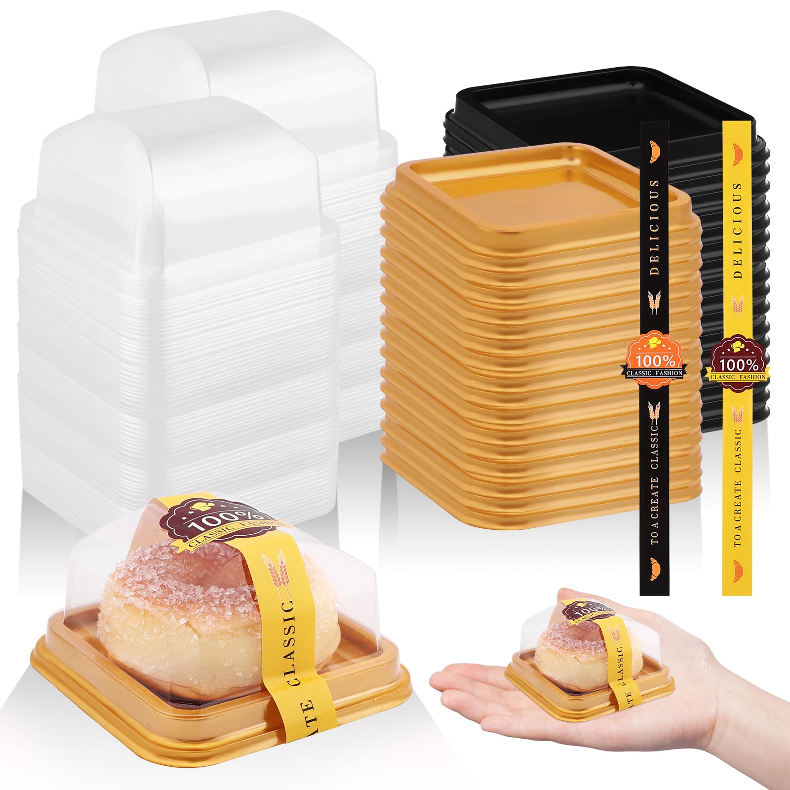 150 PCS Clear Plastic Mini Cake Boxes 3.5Inch Muffin Boxes Biscuit Boxes Cheese Pastry Moon-Cake Dessert Box Packaging Containers for Party, With Sticker To Secure The Lid
