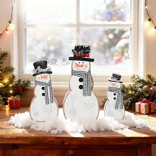 Miniatura 4 de COCHIE Decoración navideña de muñeco de nieve para interiores, lindo juego de 3 bandejas escalonadas de invierno, bloques de muñeco de nieve de