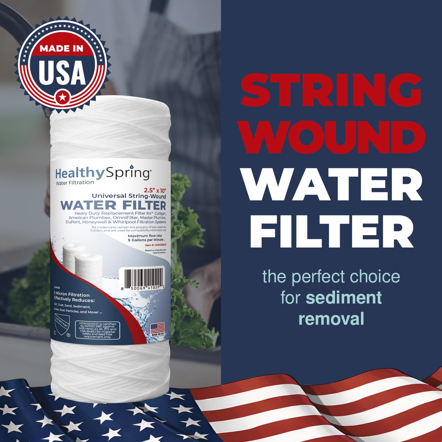 Healthy Spring Whole House 5 Micron 10 x 2.5 String Wound Sediment Water Filter Cartridge Replacement Compatible with Filter WHKF-WHSW, MAde in USA, 2-Pack