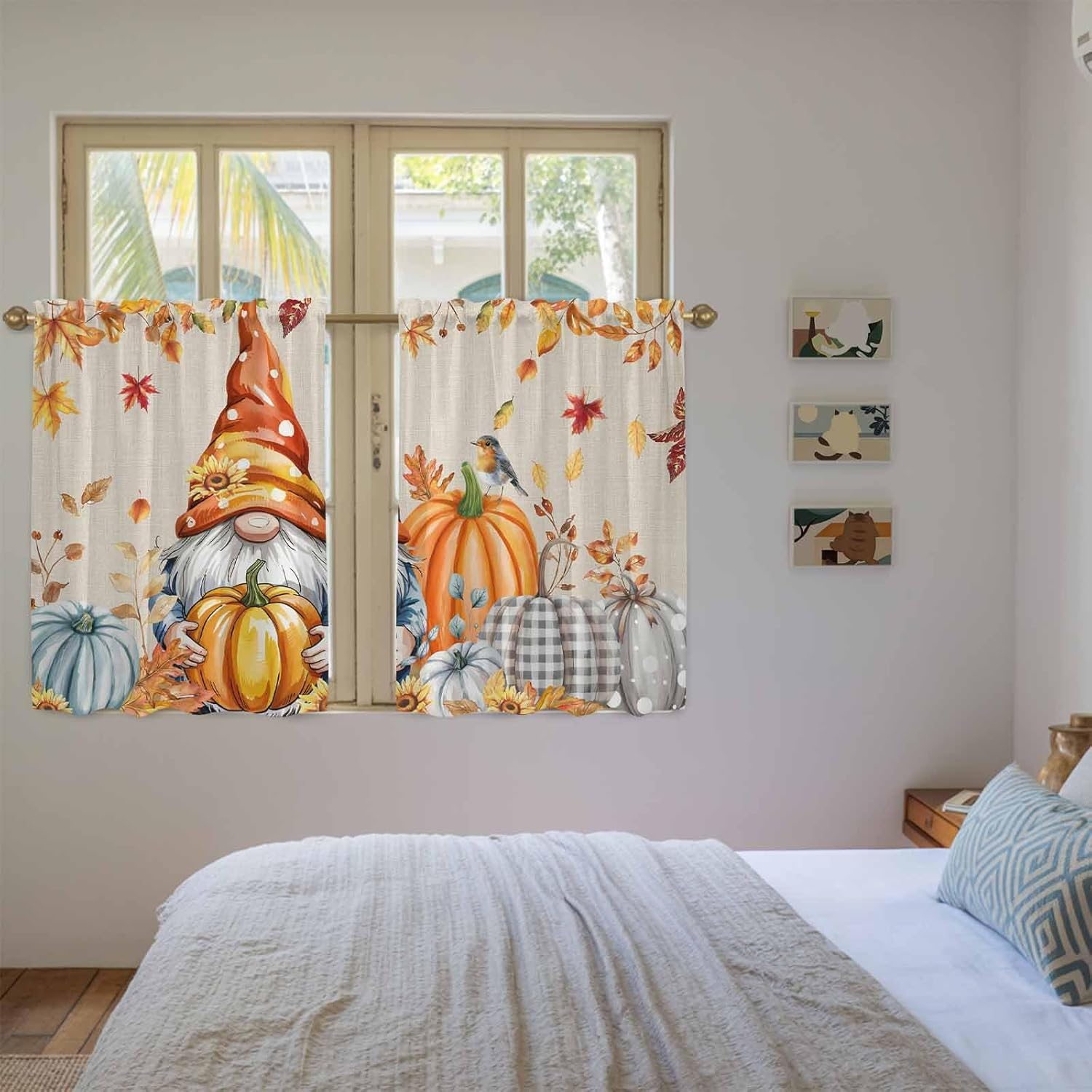 Orange Gnomes Fall Kitchen Curtains 45 Inch Long 2 Panel Set, Rod Pocket Window Treatment, Thanksgiving Maple Leaf Pumpkins Light Filtering Panels Short Drapes for Bathroom Camper 42"W x 45"L