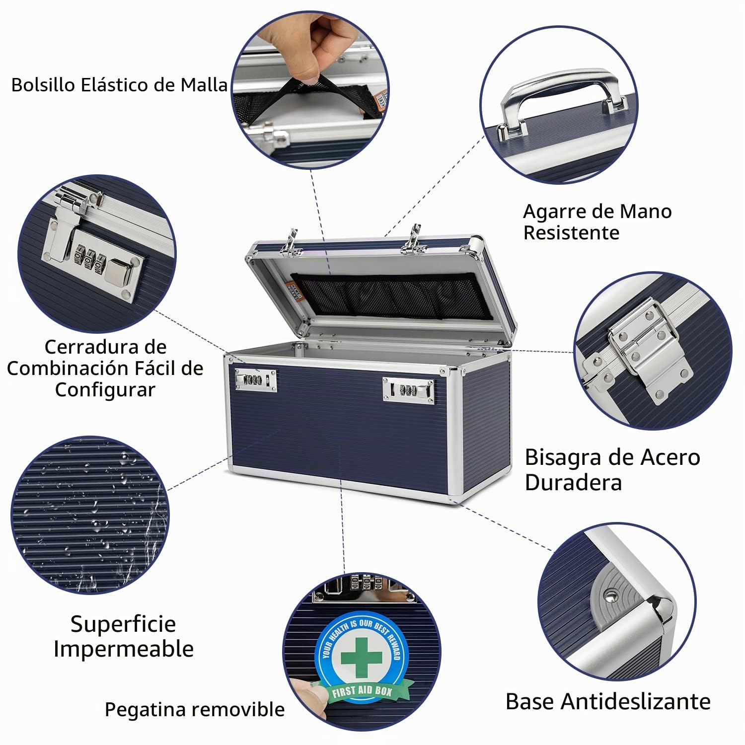 Caja de medicamentos con combinación, caja de almacenamiento de medicamentos con cerradura, caja de primeros auxilios vacía, organizador médico (blue, large)
