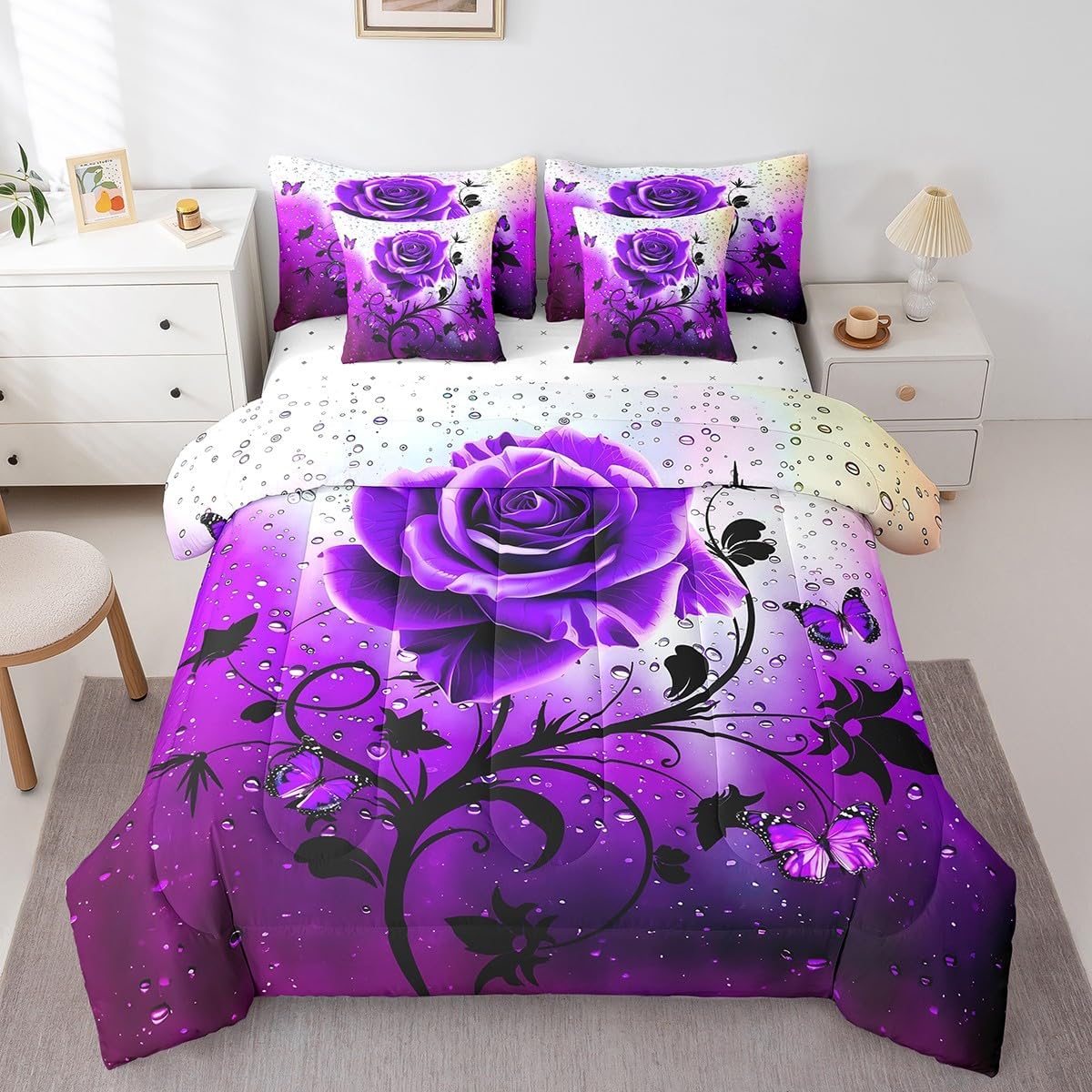 Feelyou Dark Purple Rose 7 Piece Bedding Set Twin Size Dark Purple Flower Comforter Set with Sheets for for Adult Girls Teens Toddler Butterfly Bed in a Bag Romantic Bed Set