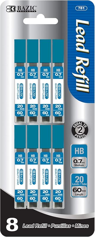BAZIC Mechanical Pencil Lead Refills HB 0.7mm (160 Count/Pack), Pencil Lead Refill, 1-Pack | 0.7 mm HB lead, 160 pieces in 8 tubes, Break-resistant, fits standard 0.7 mm pencils, school, office, N Pieces (total)