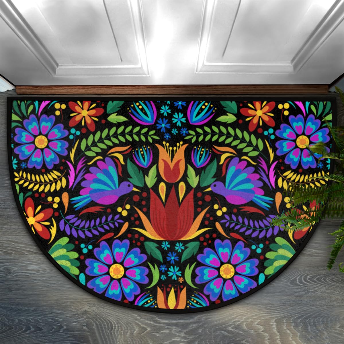 GISPOG Mexican Flowers Birds Half Round Door Mat,Indoor Entrance Rug, Semi Circular Area Rug, Kitchen Floor Mats Non Slip Absorbent Doormats,Laundry
