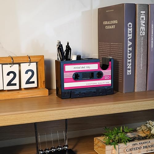 Miniatura 2 de SHIDOW Soporte creativo para bolígrafos con cinta adhesiva, dispensador de cinta de casete retro, colección de escritorio para lápices, organizador