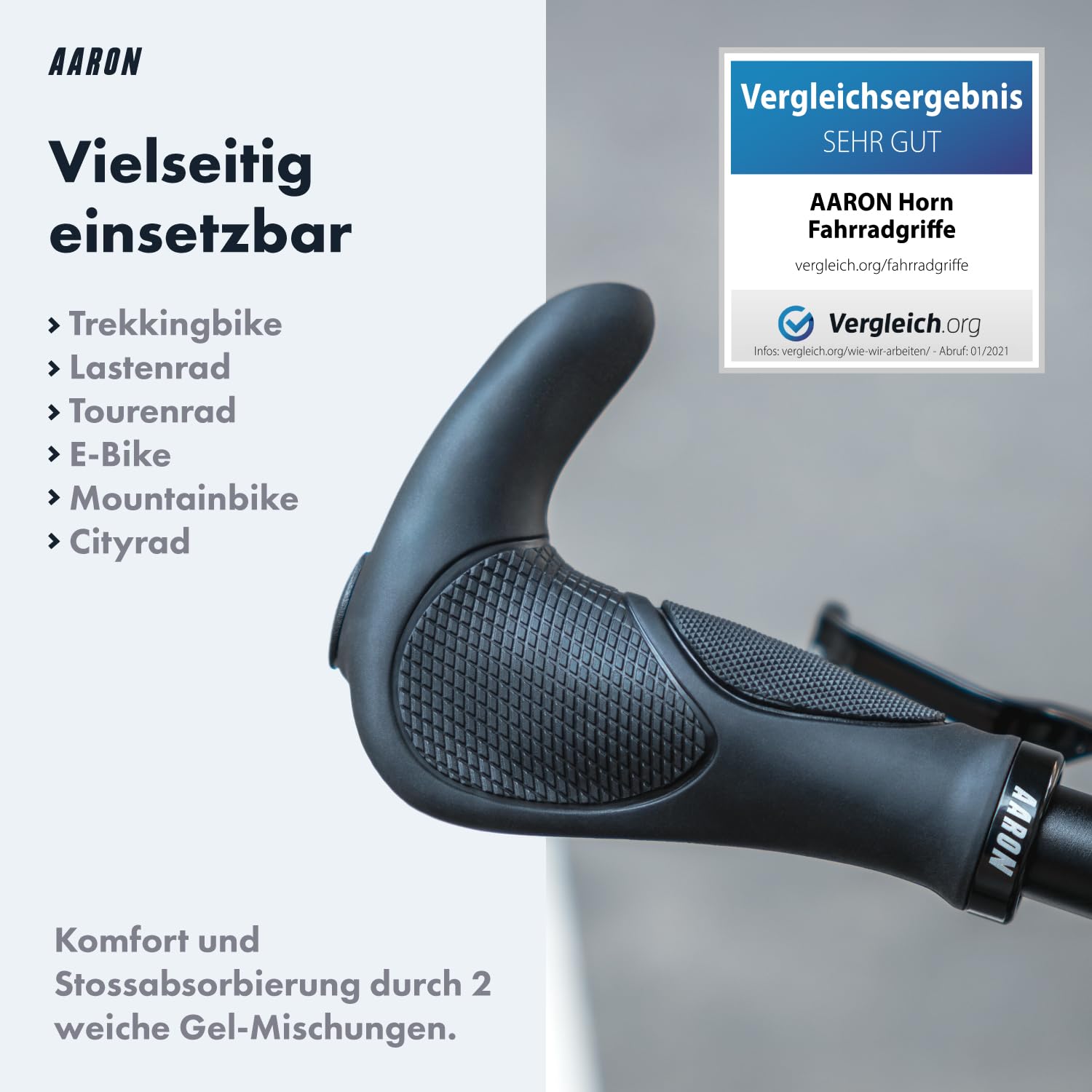AARON Horn Lenker Griffe mit Gel Dämpfung, ergonomische Lenkerhörner aus rutschfestem Gummi, Fahrradgriffe für E-Bike, Trekkingrad, Mountainbike, Tourenrad, schwarz