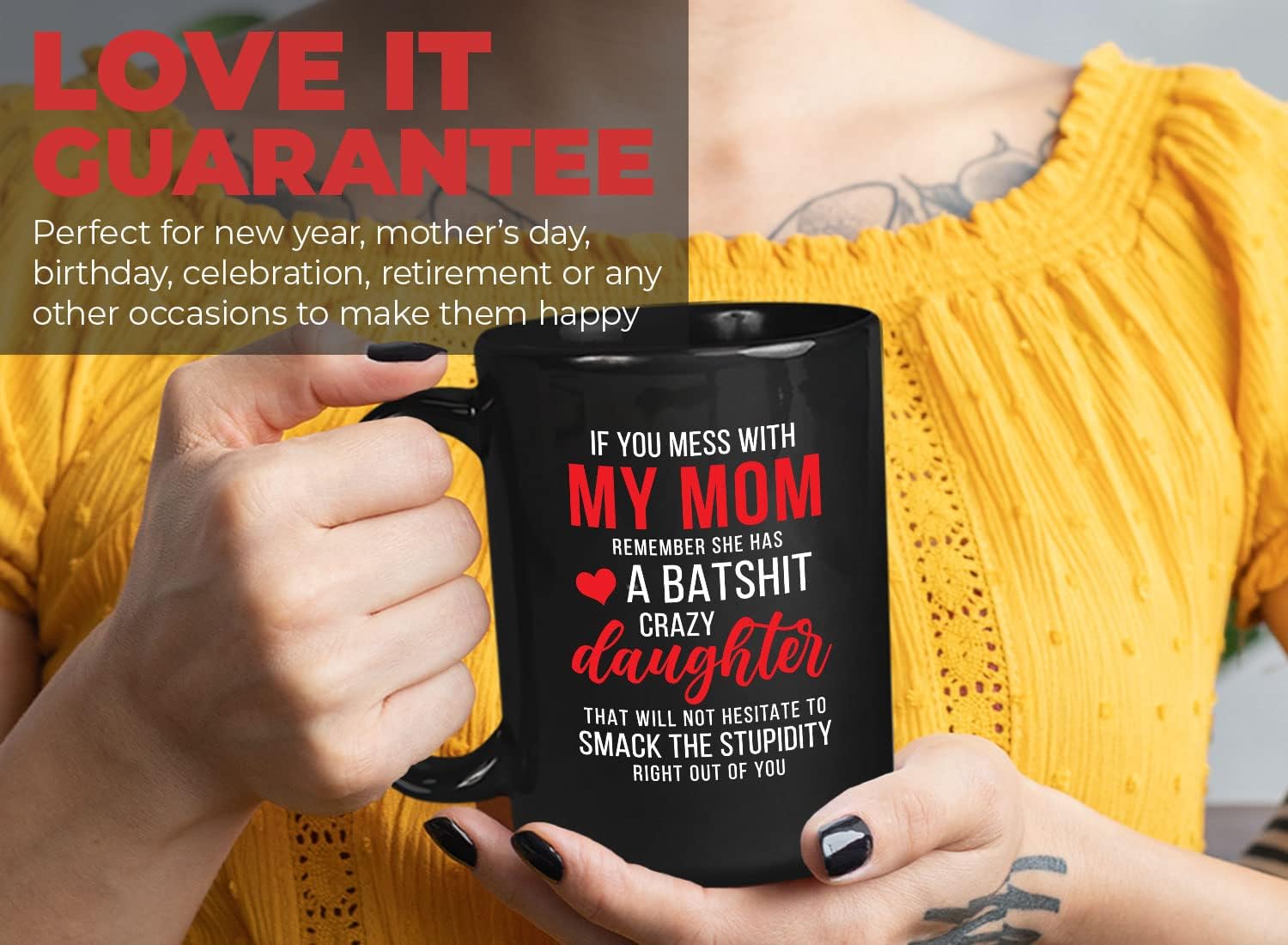 Bubble Hugs Relationship Coffee Mug 15oz Black - Mess with My Mom - Mother's Day Mother in Law Funny Daughter Children Family Bonus Mama Birthday