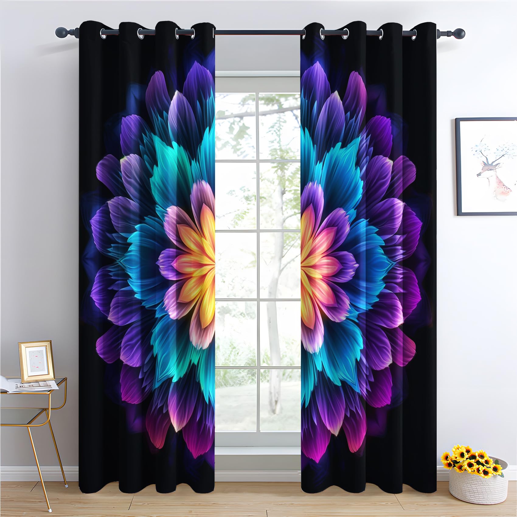Mandala Vorhänge Boho Bunte Blumenmuster Hippie Verdunklungsvorhänge, Vorhang Blickdicht Gardinen mit Ösen, Schlafzimmer Wohnzimmer Deko, Thermovorhang 2er Set H 175 x B 140 cm