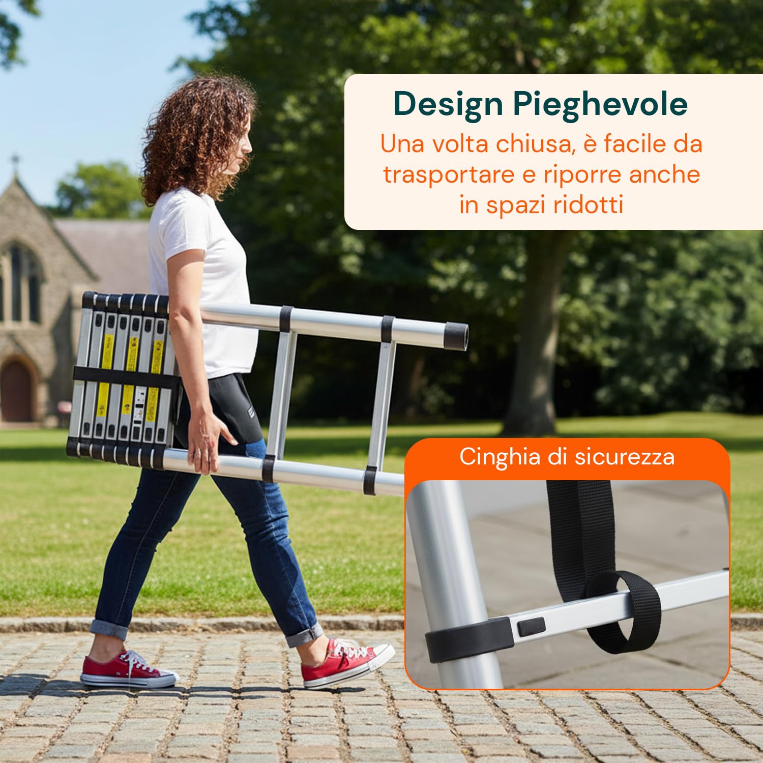 Avilia - Escalera telescópica de Acero Inoxidable 3,8 m 13 peldaños Escalera Plegable para casa y Trabajo Escalera Extensible Ahorra Espacio con Bloqueo de Seguridad