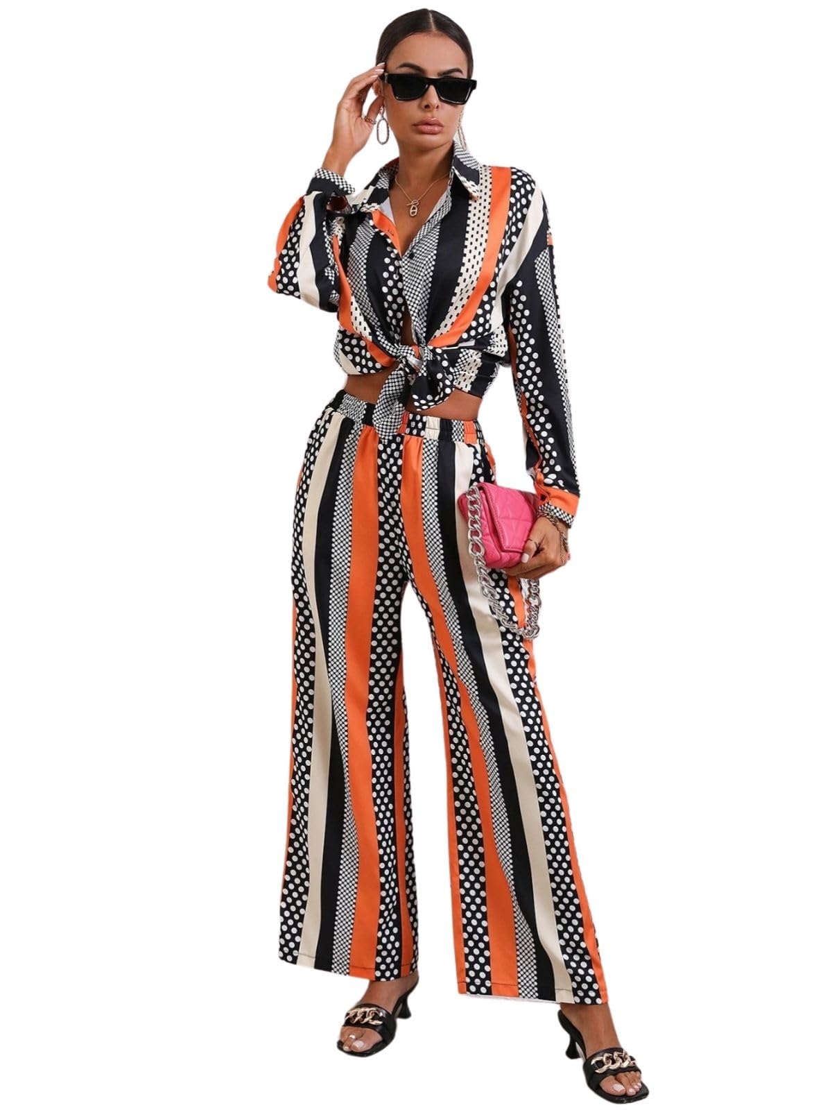 Greciilooks Women Co Ord Set| Printed Shirt & Bottom Set For Women| Straight Printed Pant| Women Two-Piece Outfits| Summer Wear| Outdoor Wear (X-Large, Orange)