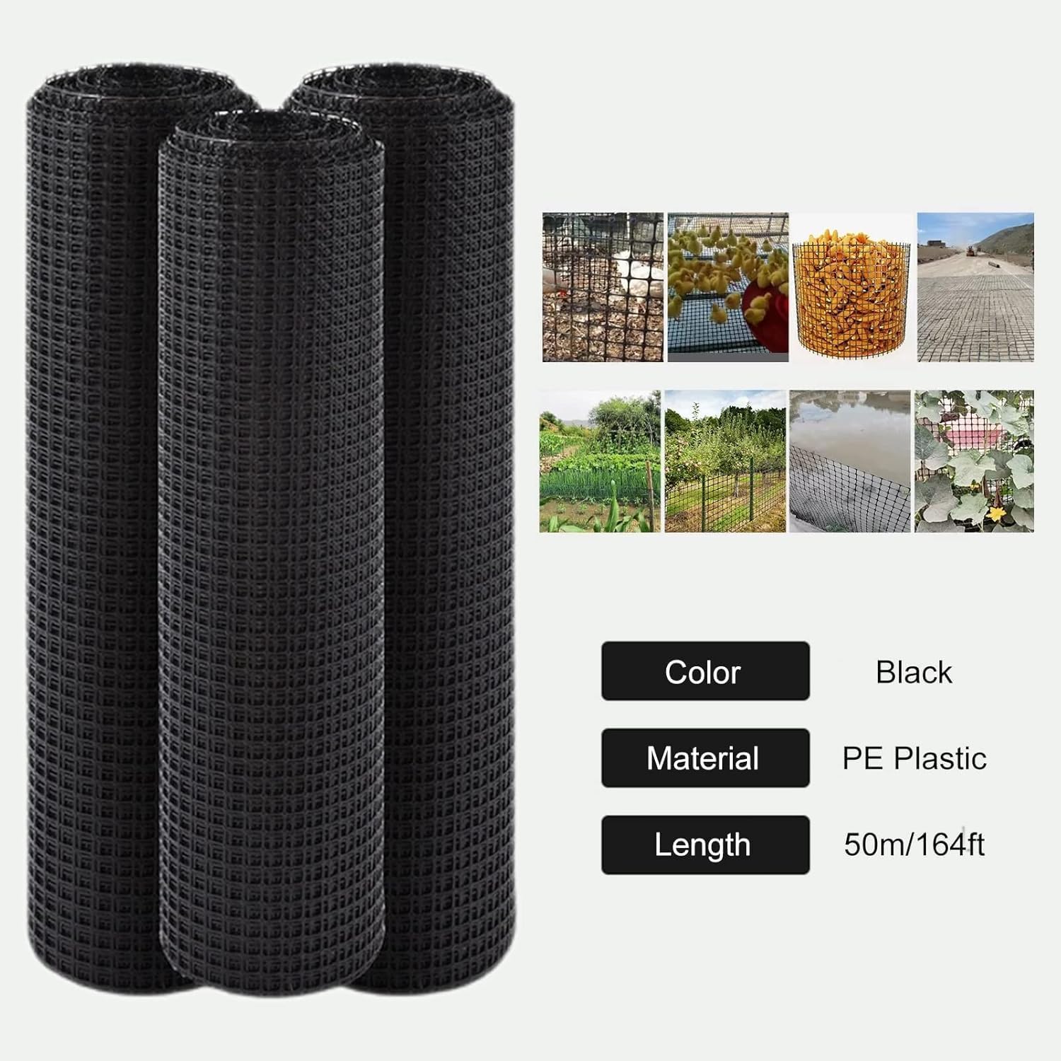 Black Poultry Netting (for Cats, Dogs and Ducks), Reusable Plastic Rolled Netting for Outdoor Gardening, Heavy Duty Fencing Netting(1.8x50m/3.3x164ft)