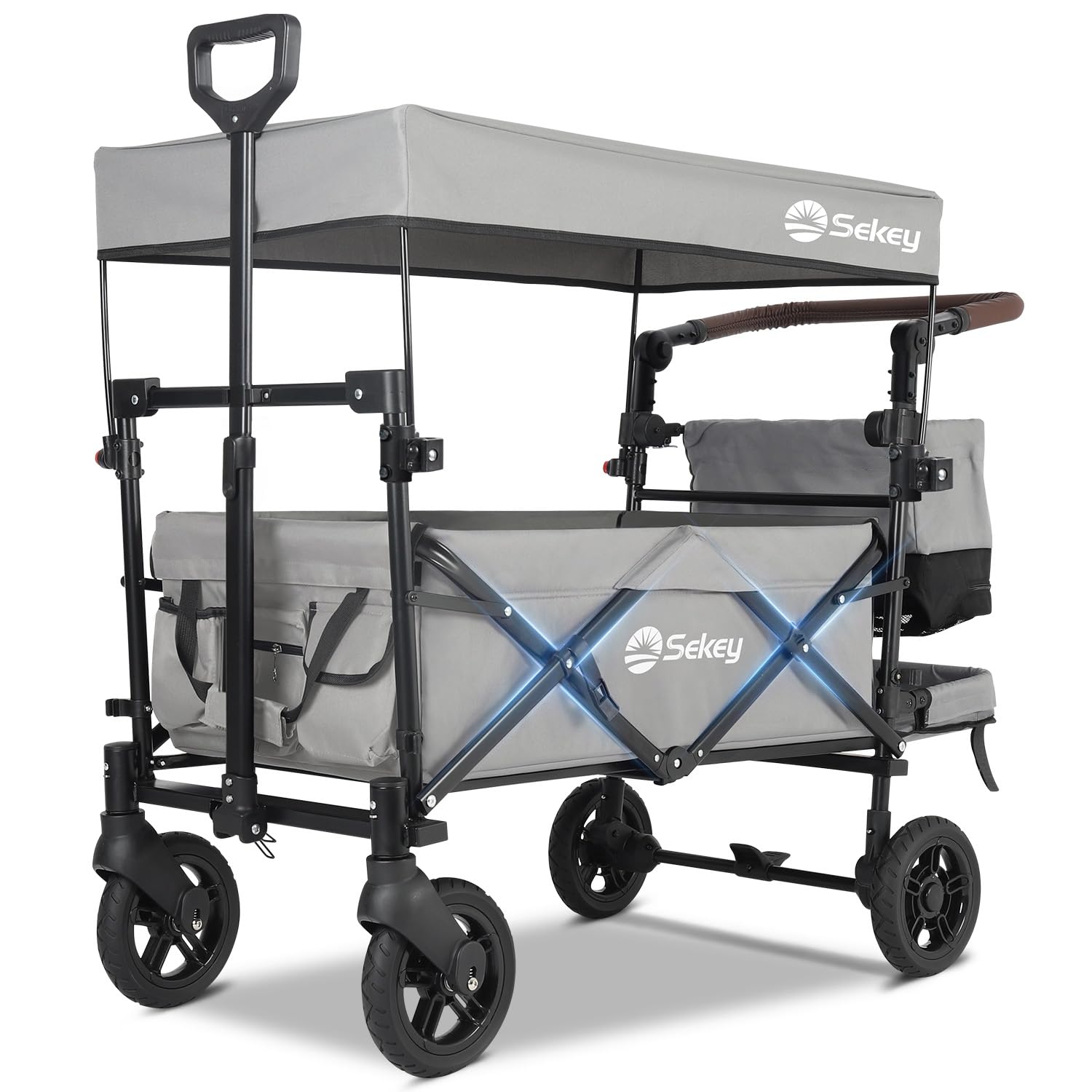 Sekey Kids Folding Handcart Wagon with Removable Canopy, Versatile Foldable Transport Trolley for Family Outings Including Shockproof PU Wheels, 220LBS(100KG) Weight Capacity, Push Handle, Grey