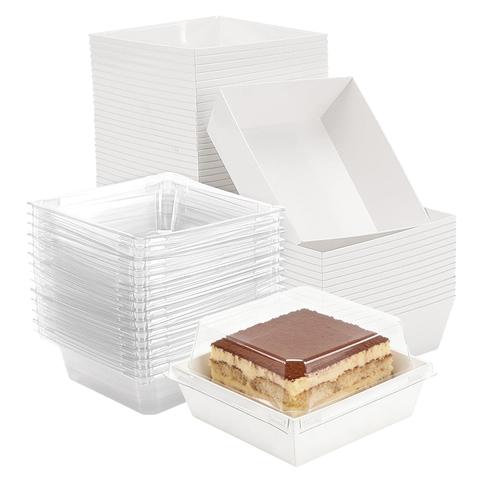 Jeuihau White 100 Pcs Paper Charcuterie Boxes With Clear Lids, 11Cm Square Cake Slice Box For Portions, Small Dessert Box Food Containers For Cake, Bakery, Sandwich, Cookies(White)