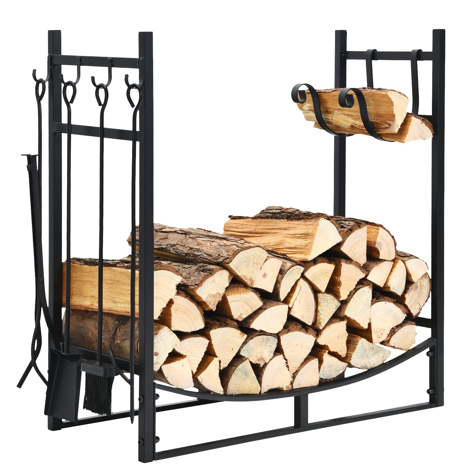 GYMAX Estantería de Metal para Leña con Soporte Extraíble para Leña, Soporte para Leña para Interior y Exterior, 84 x 33 x 76 cm, Color Negro