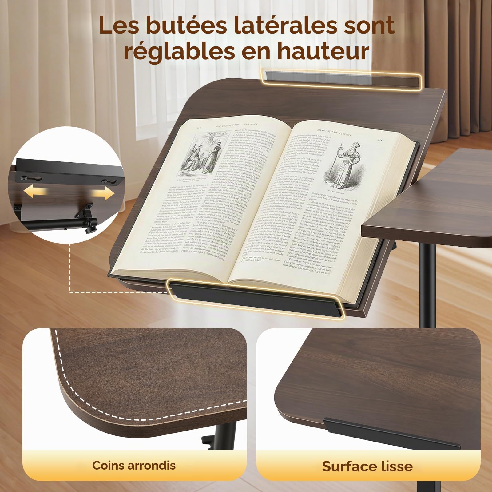 Table Lit Roulette Inclinable, 60×40cm, Scrivania mobile pour ordinateur portable avec roulettes, Plan de travail inclinable, bureau ergonomique pour home office, travail et salon, Brun Noyer