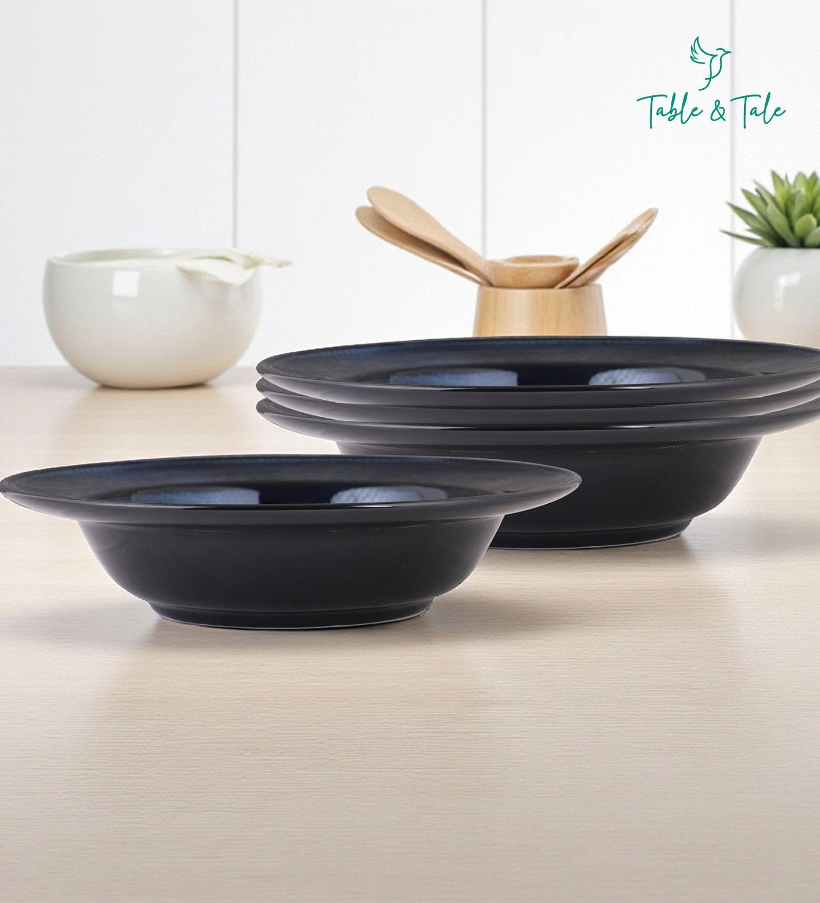 Table & Tale Premium Porcelain Deep Plate with Elegant Blue Pattern | Scratch & Chip Resistant | Made in Sri Lanka | Ideal for Soups, Pasta & Curries | Microwave & Dishwasher Safe |Set of 4 4