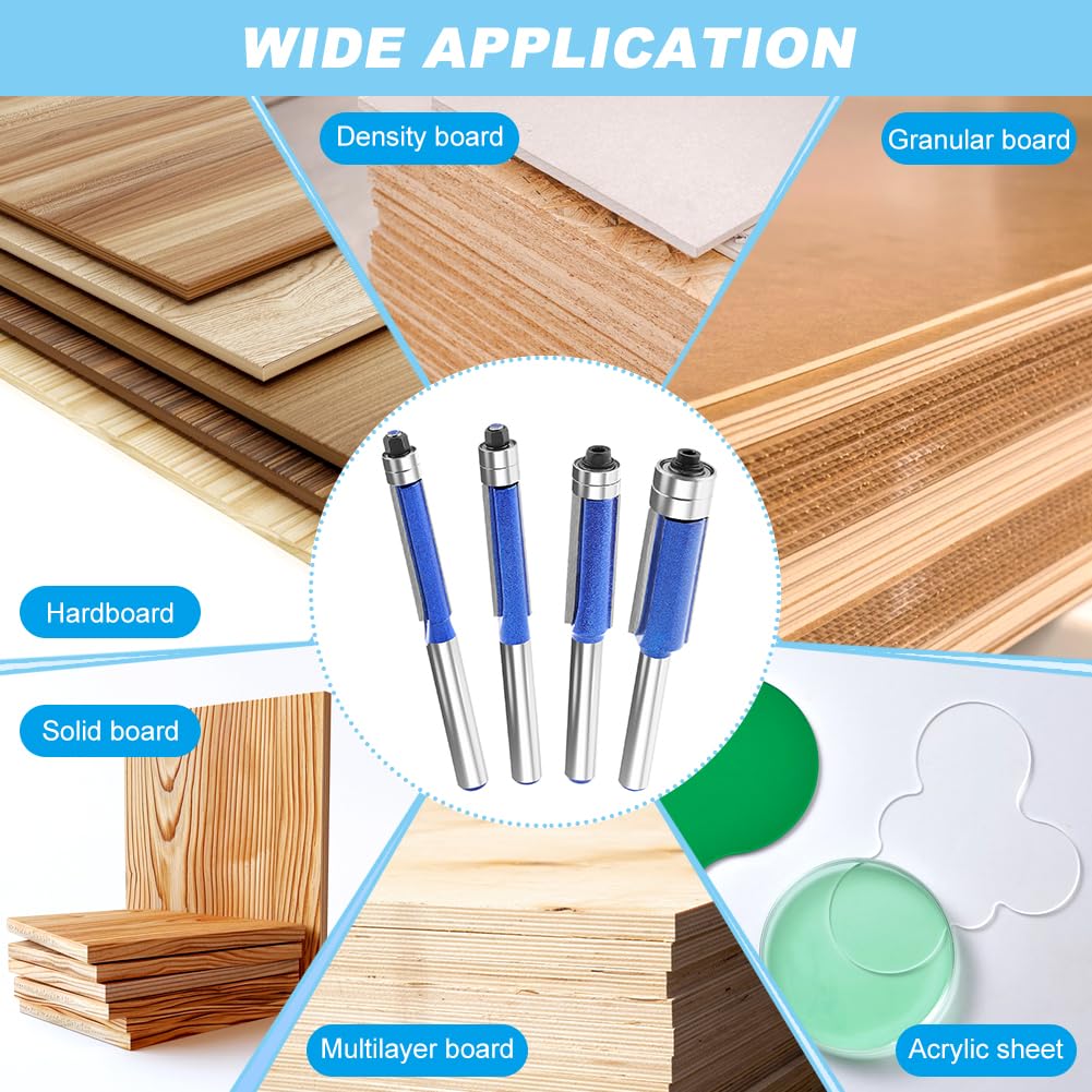 4Pcs Flush Trim Router Bit,1/4Inch Shank Flush Cut Router Bit,Double Bearing Woodworking Milling Cutter,Top Bearing Flush Trim Router Bit for Wood,Particle Board,Hardness Board ?