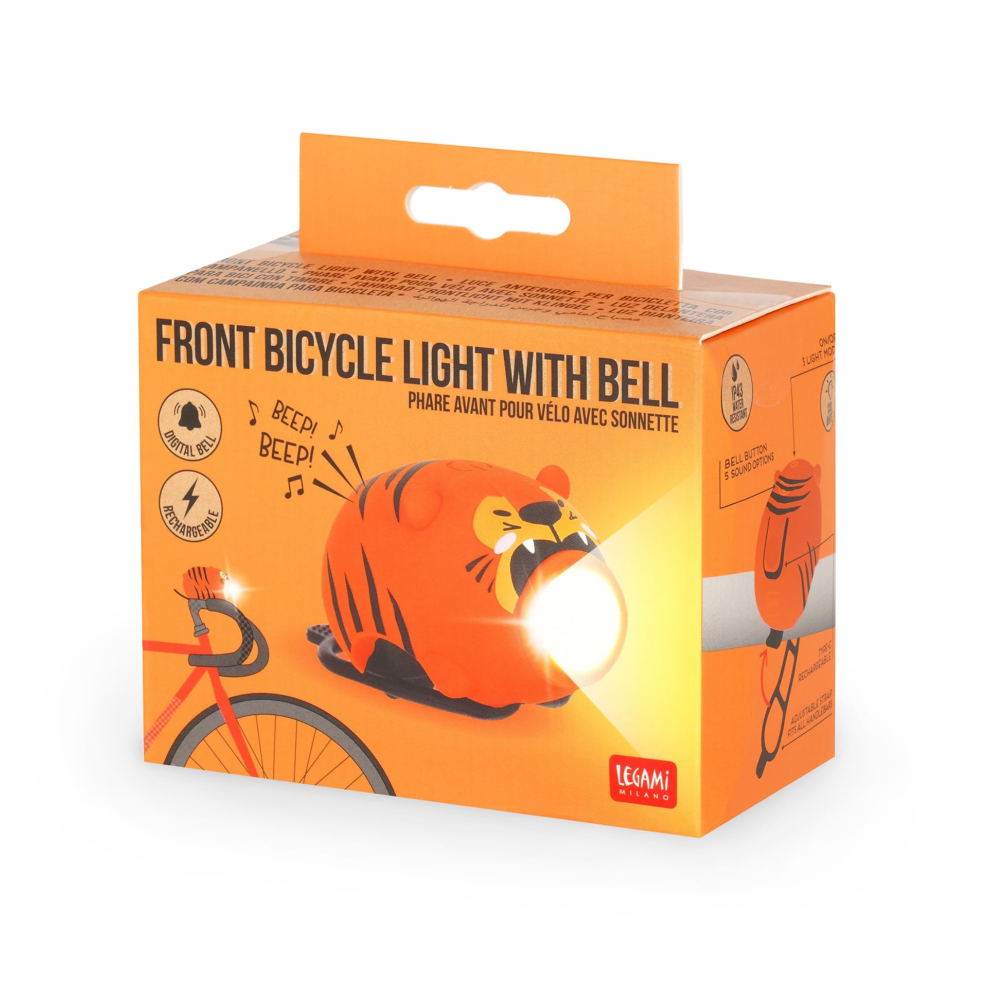 Legami - Feu Avant de vélo avec Cloche, Sangle réglable, 3 Modes Lumineux, 5 Modes sonores, câble de Type C Inclus, Rechargeable, résistant à l'eau
