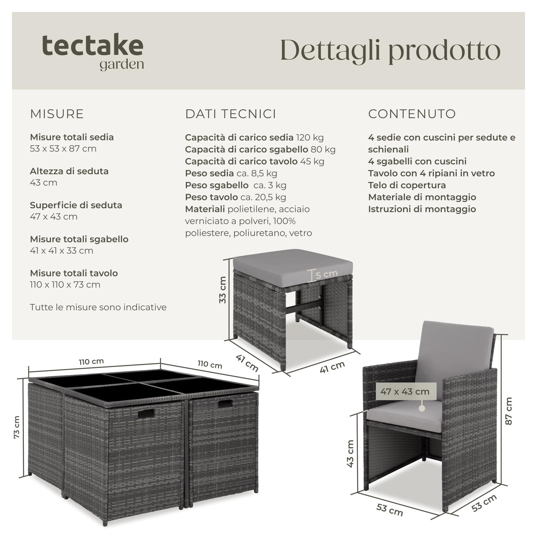 Set Mobili Rattan Bilbao 4 Sedie 4 Sgabelli Tavolo Acciaio Poly Rattan Giardino Terrazzo Grigio
